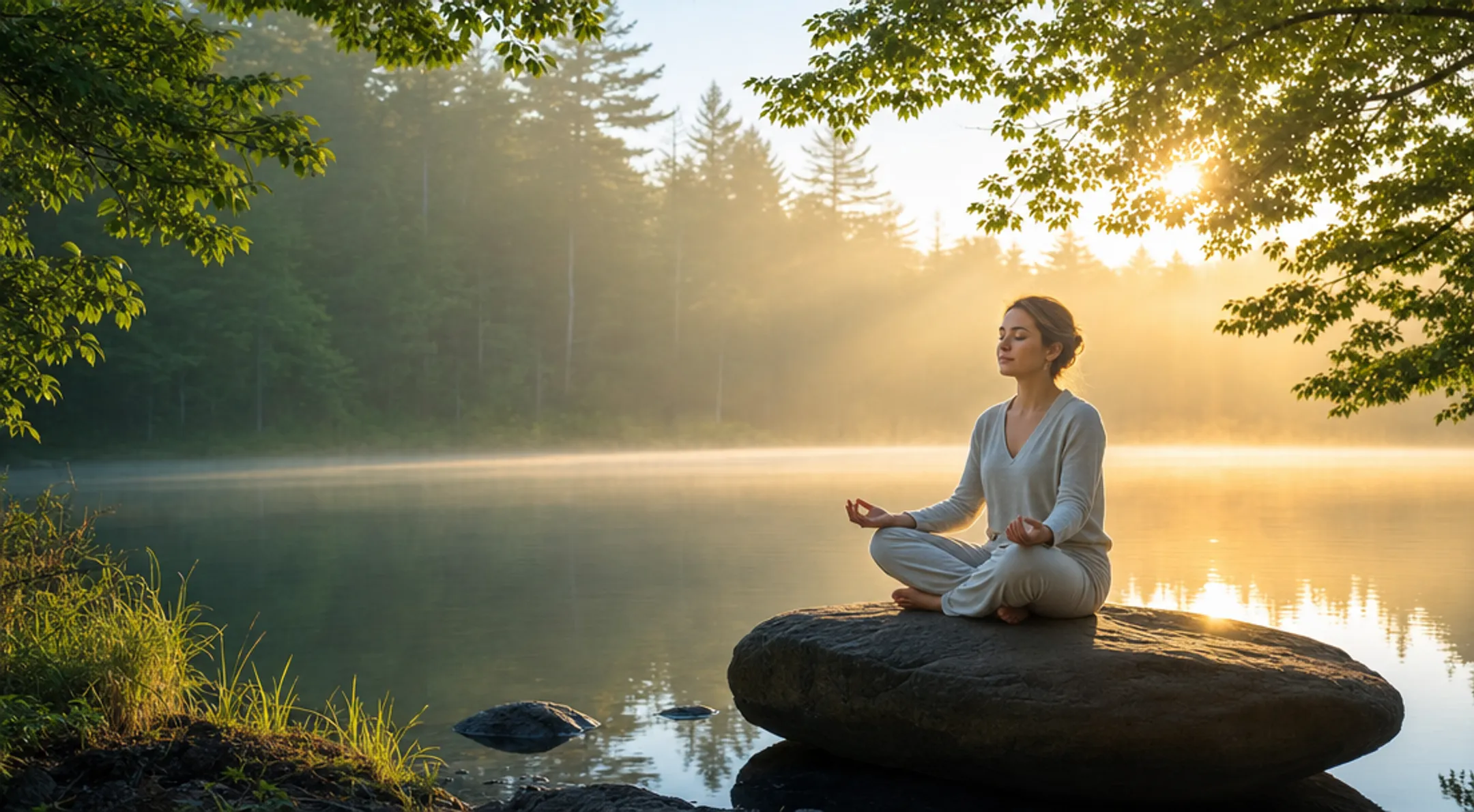 Person meditating peacefully outdoors during calm early morning sunrise