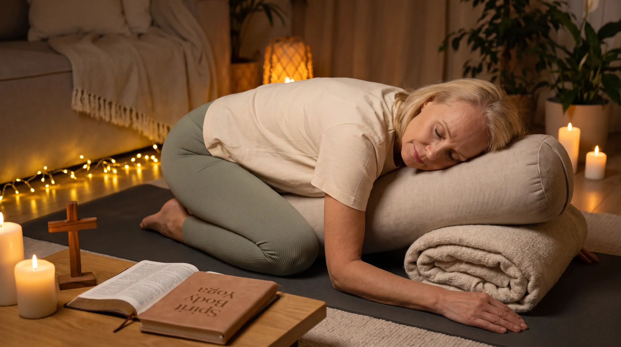 Woman practicing gentle restorative yoga pose during evening wind-down session