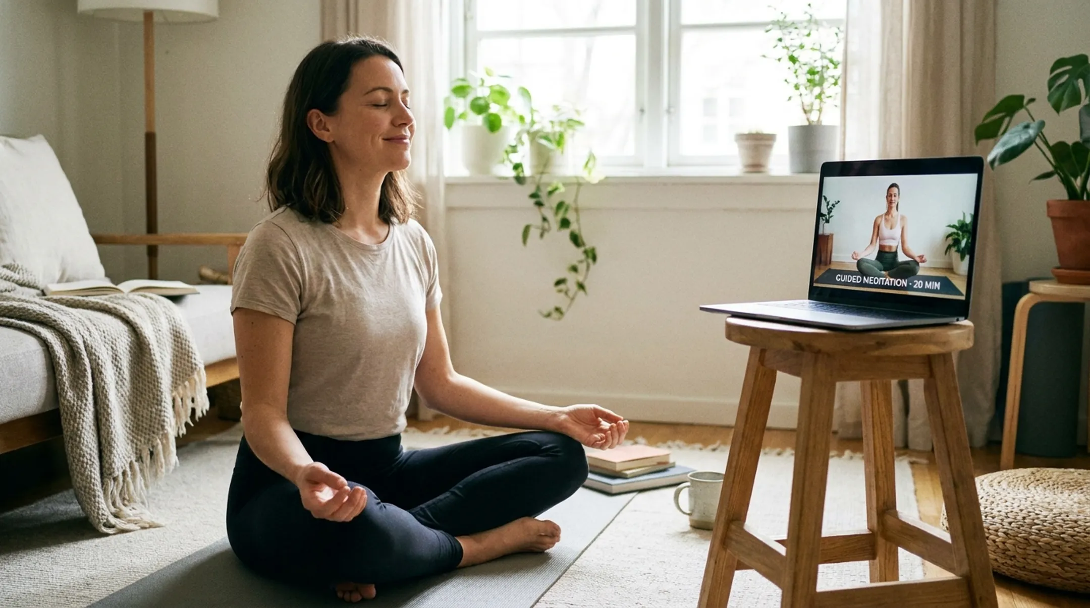 Online yoga instructor leading guided meditation session on laptop screen