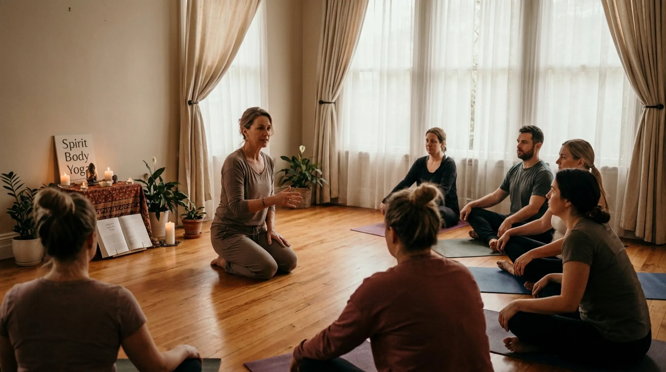 Faith-filled gentle flow yoga class with instructor leading stretches