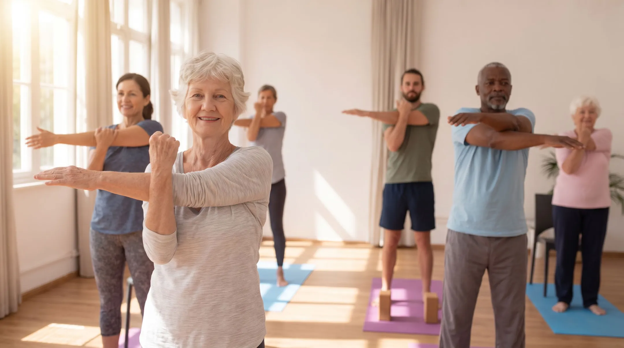 Diverse group practicing gentle stretching exercises together indoors