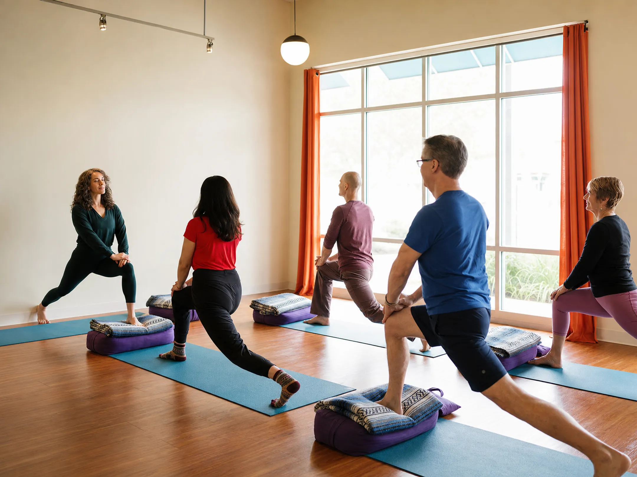 Yoga instructor guiding students through slow Hatha pose hold