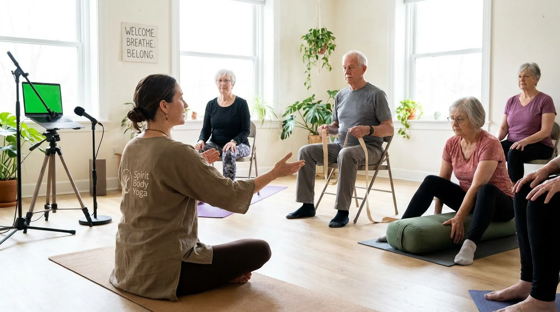 Spirit Body Yoga instructor leading gentle yoga class for seniors