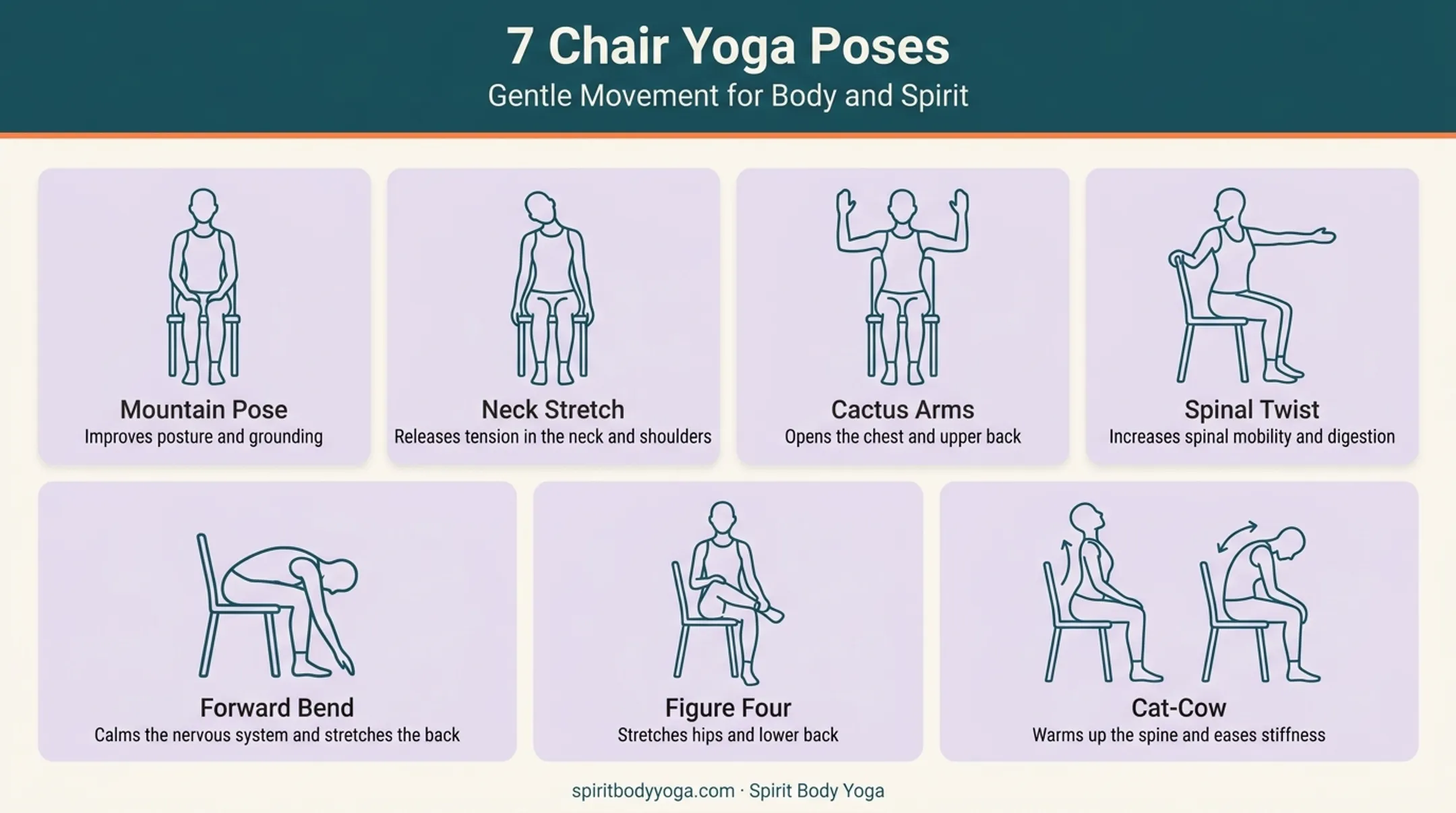 Seven seated chair yoga poses illustrated step-by-step guide