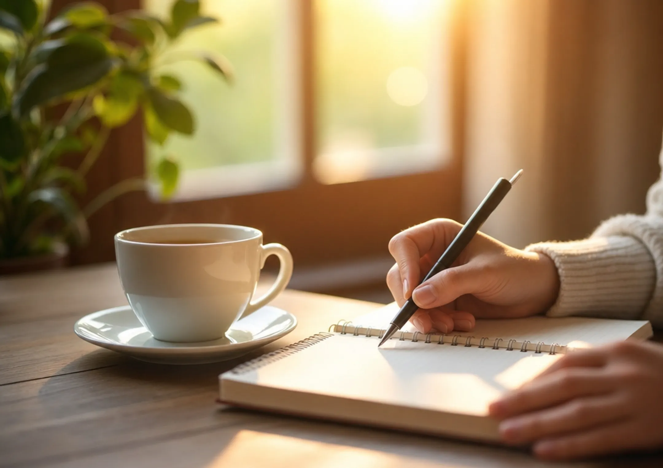 Person practicing morning mindfulness habit with journal and coffee
