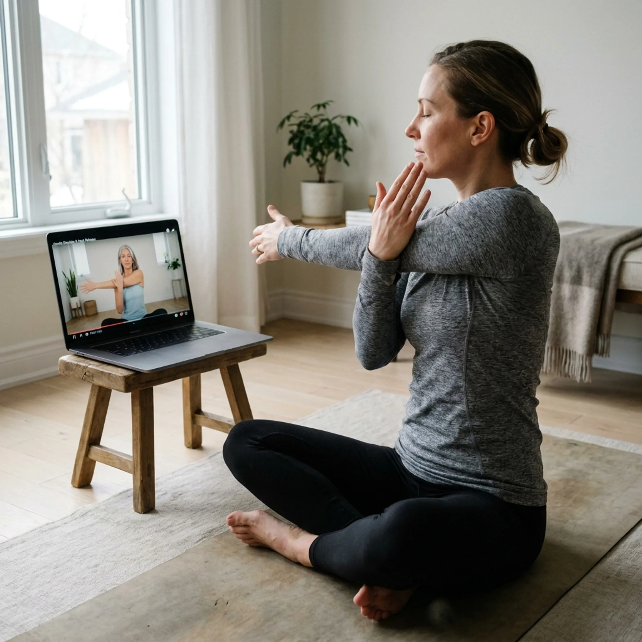 Online chair yoga instructor guiding a seated stretch