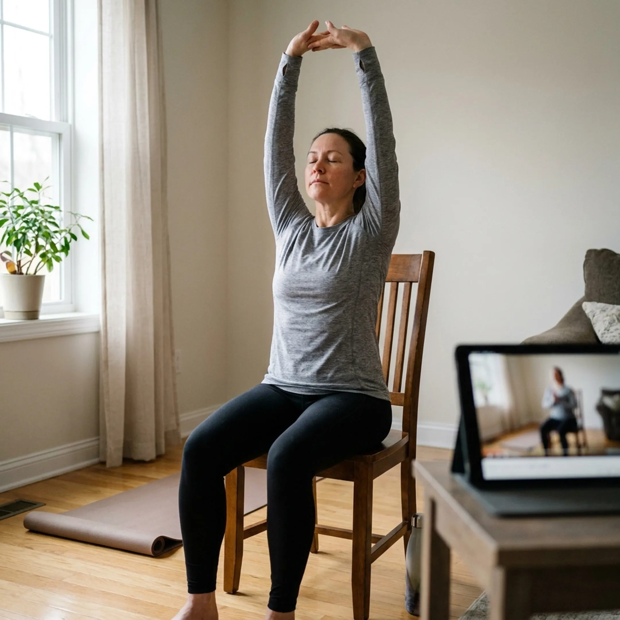 Woman practicing gentle chair yoga at home