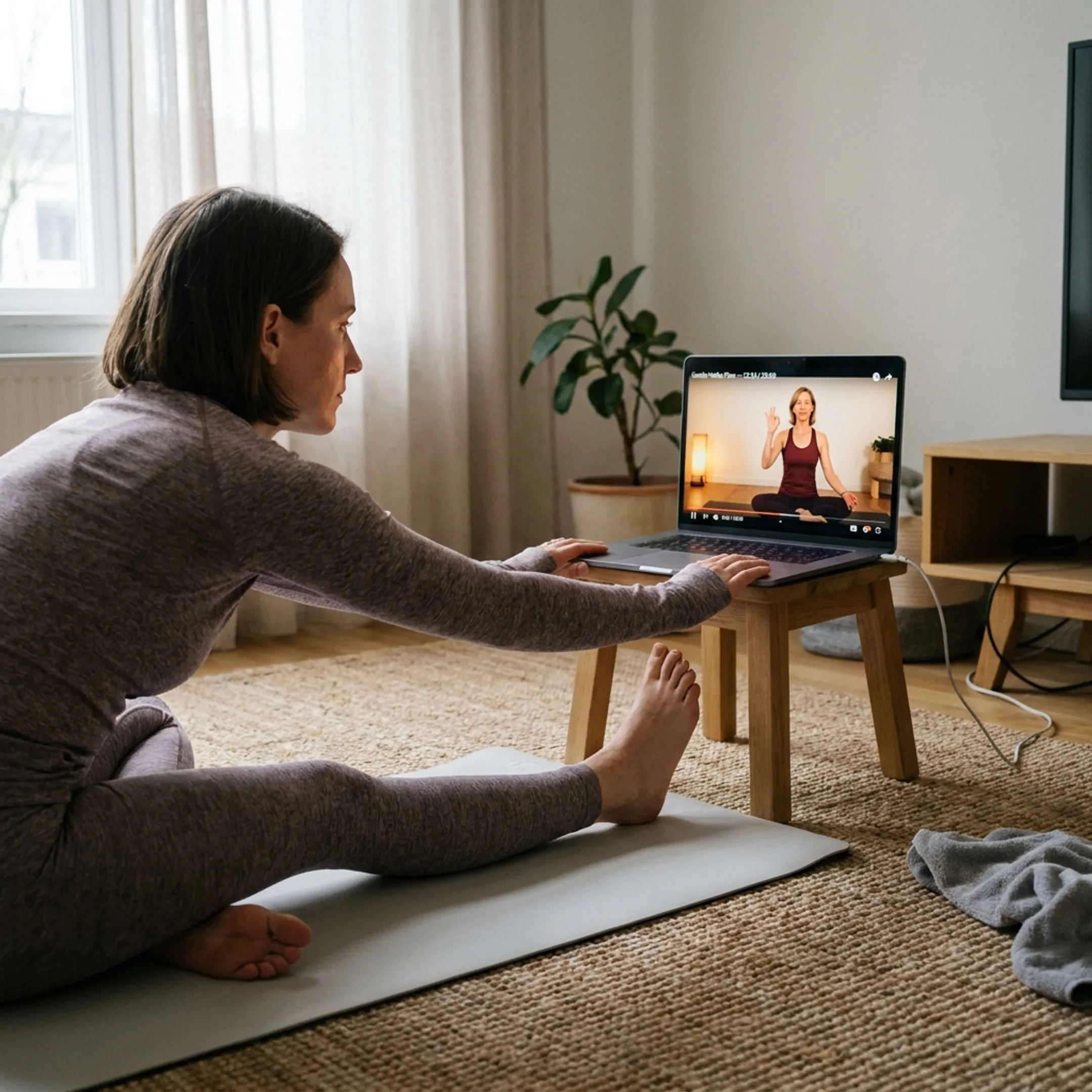 Online Hatha yoga instructor guiding a student