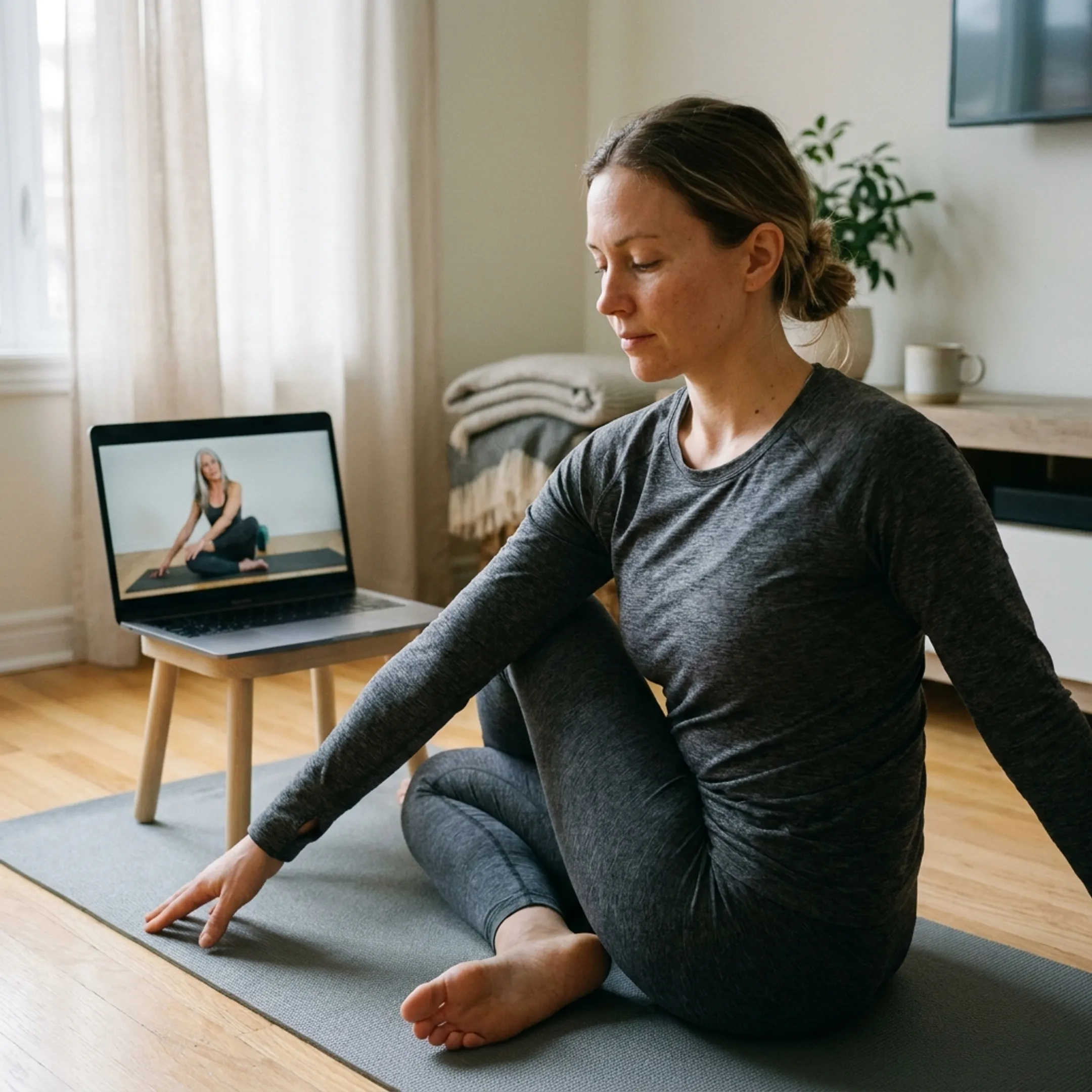 Online yoga instructor guiding a home practice