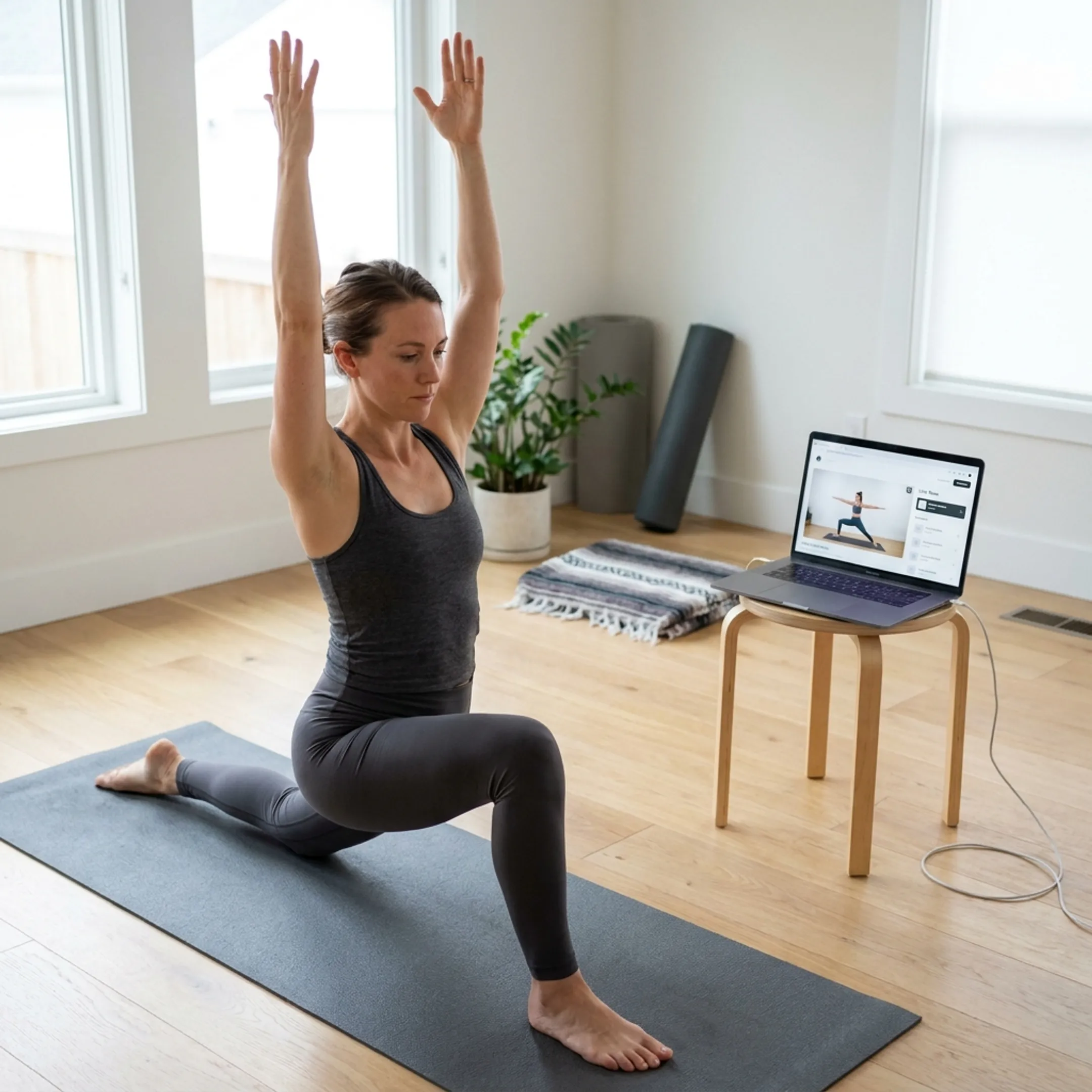 Woman practicing yoga in a bright home studio