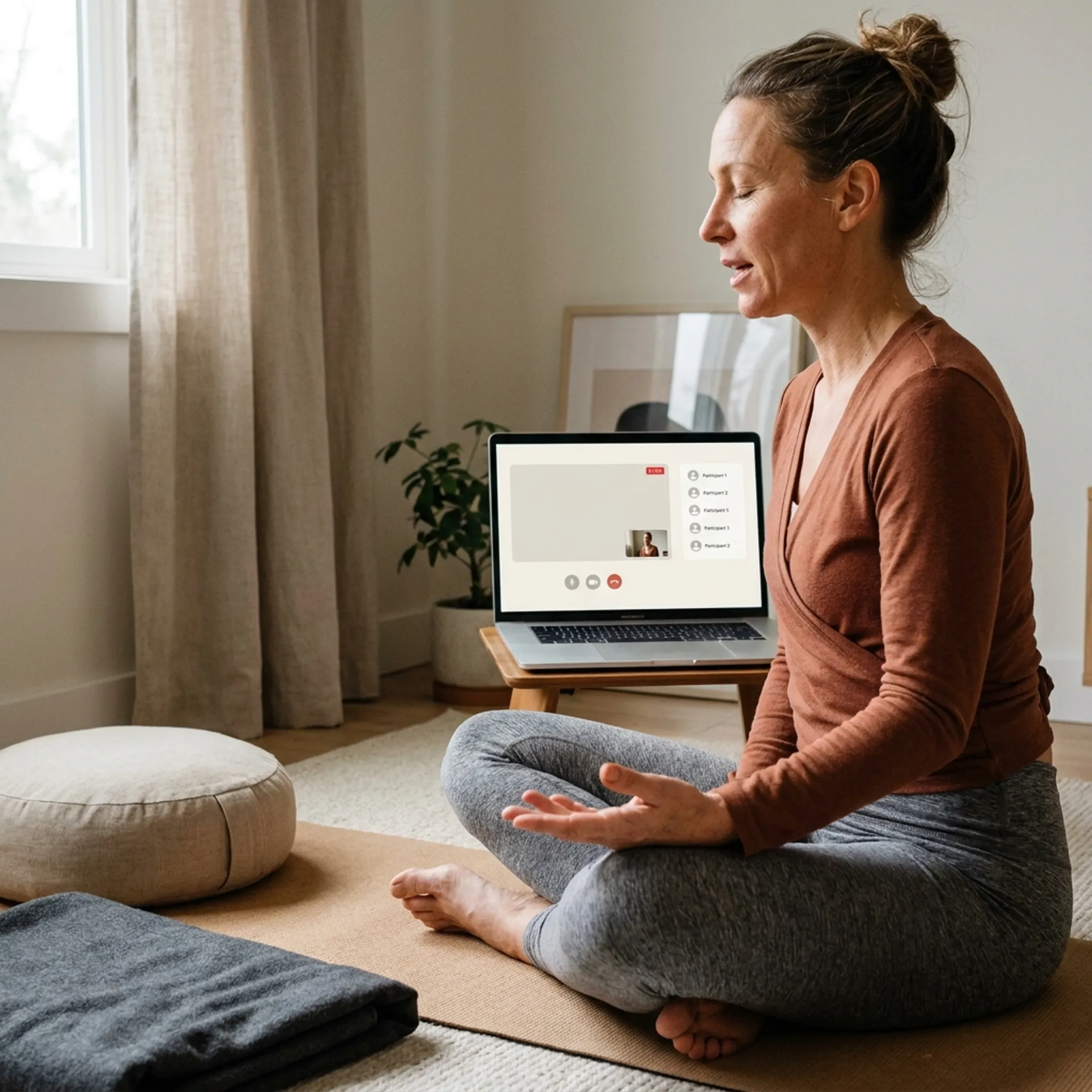 Instructor guiding an online meditation practice