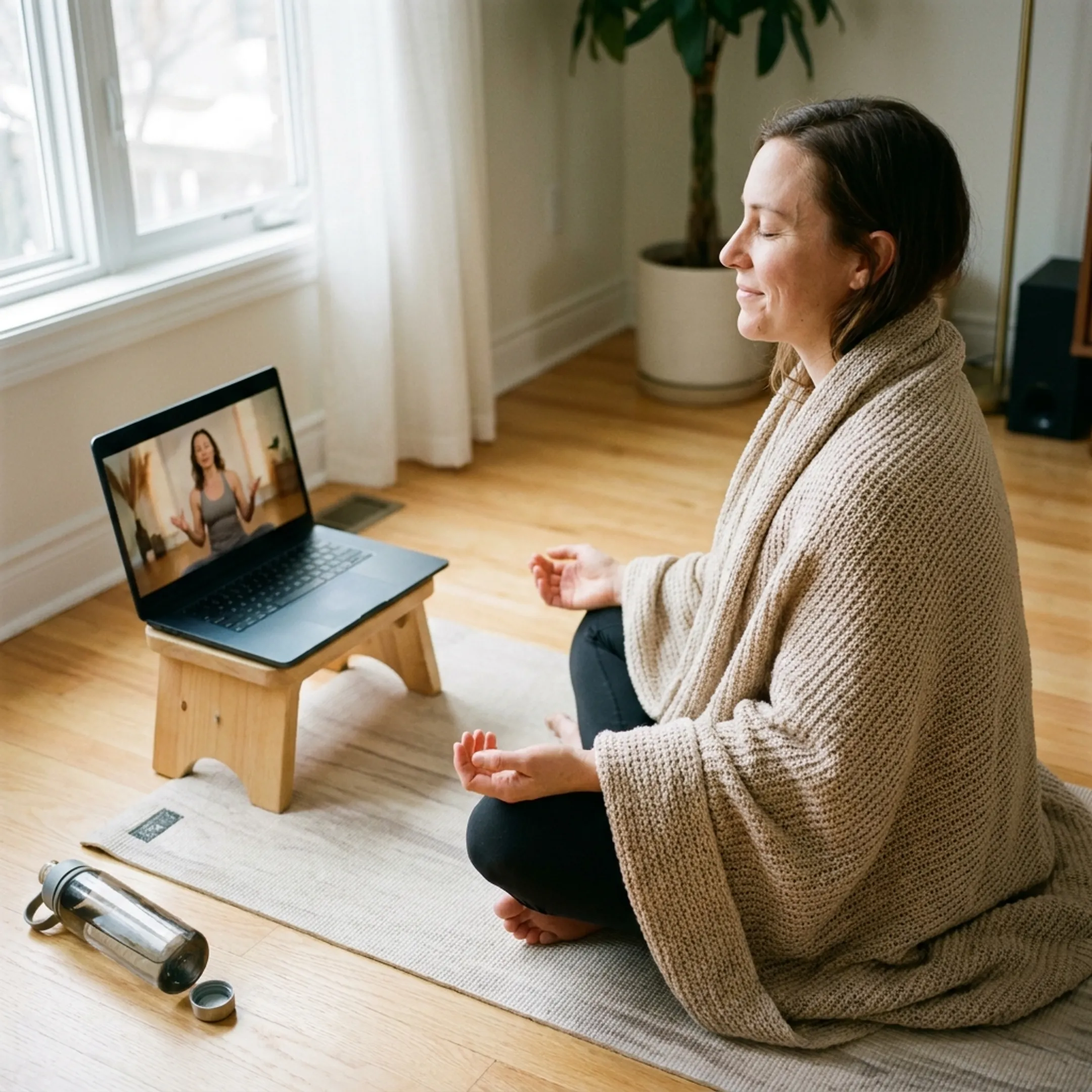 Instructor leading an online meditation practice