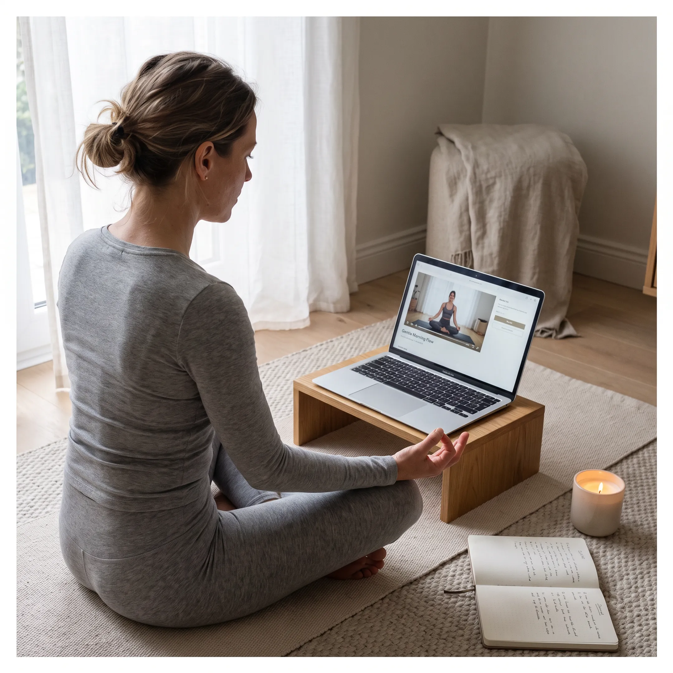 Woman meditating in a peaceful home setting