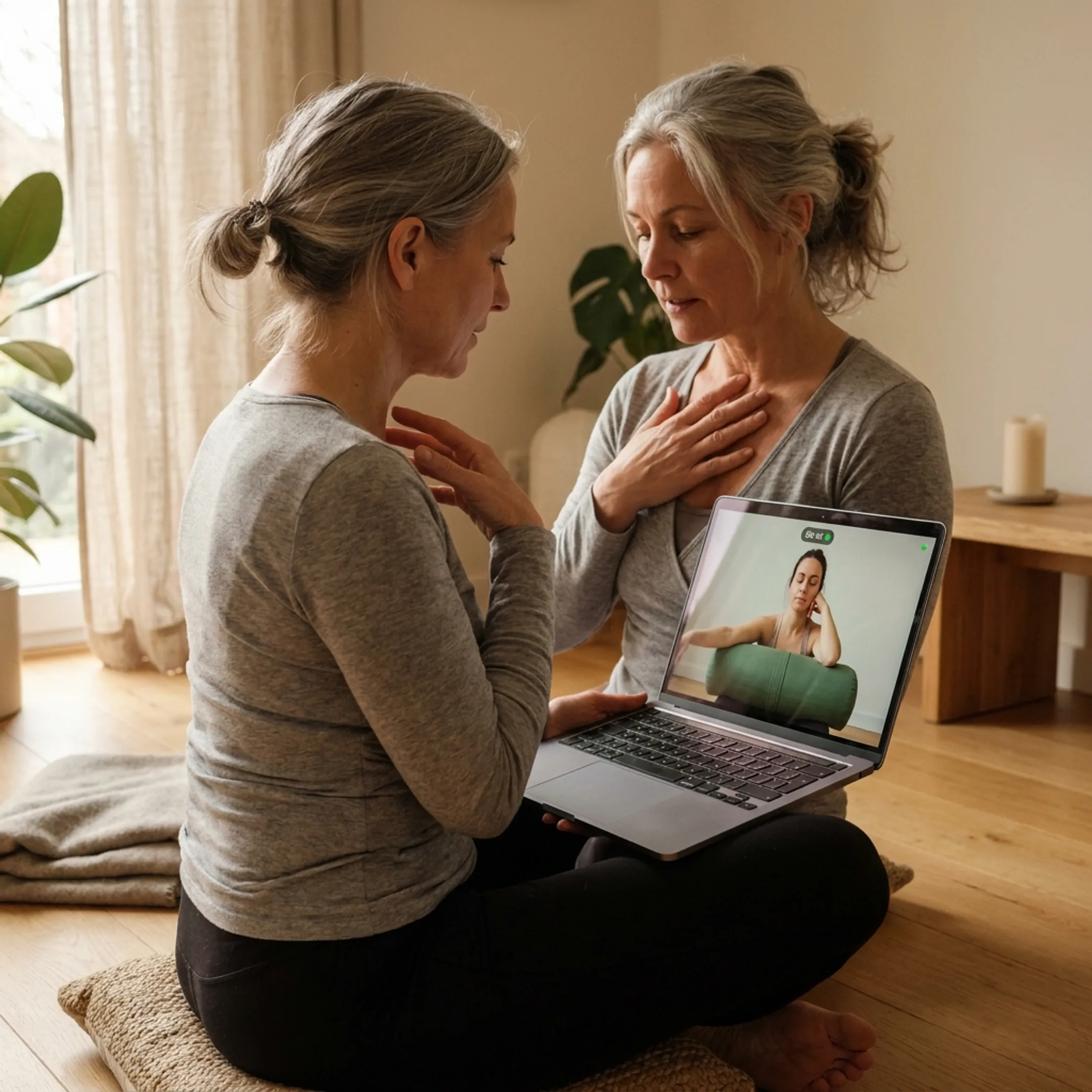 Guided meditation instructor on a laptop