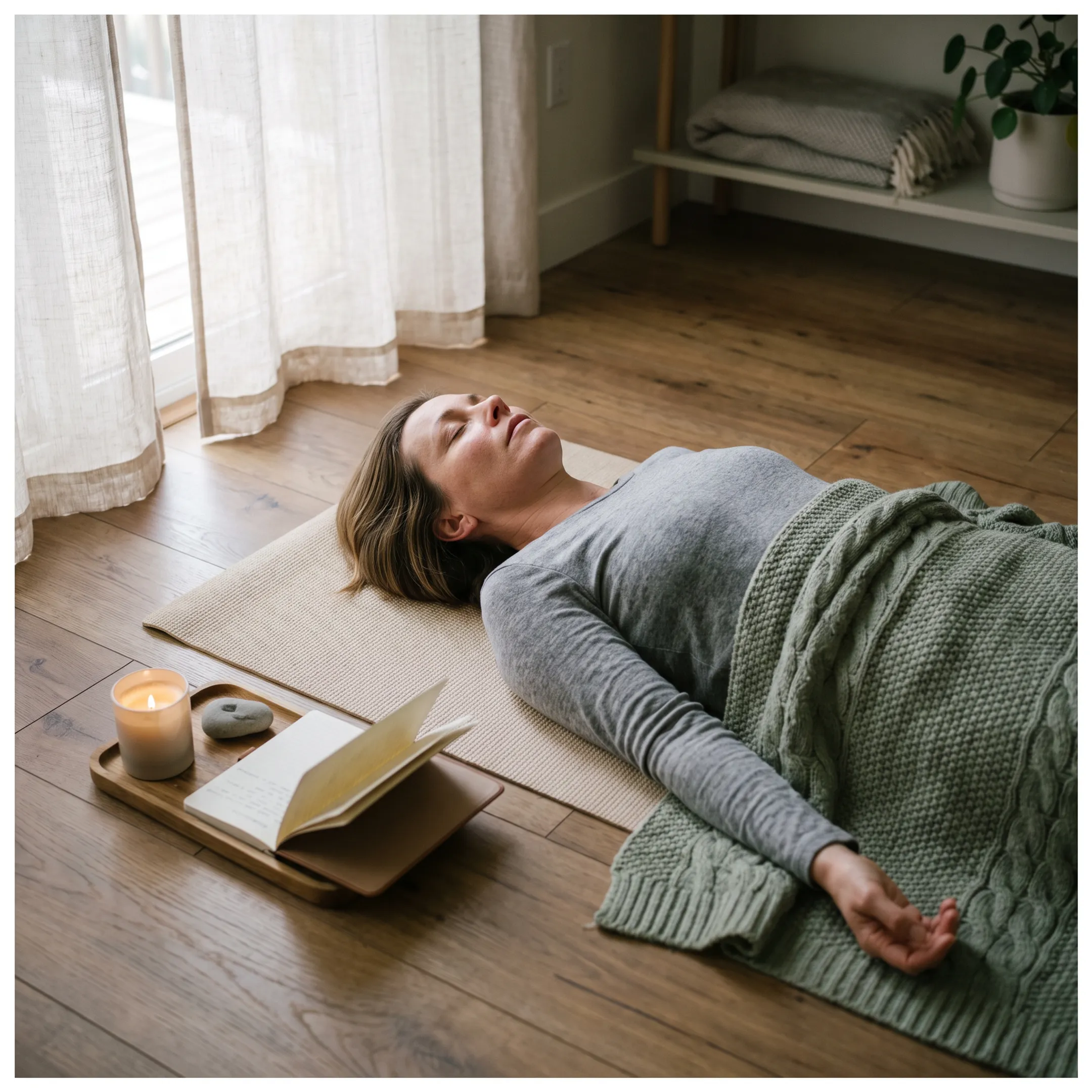 Woman resting comfortably during Christian Yoga Nidra