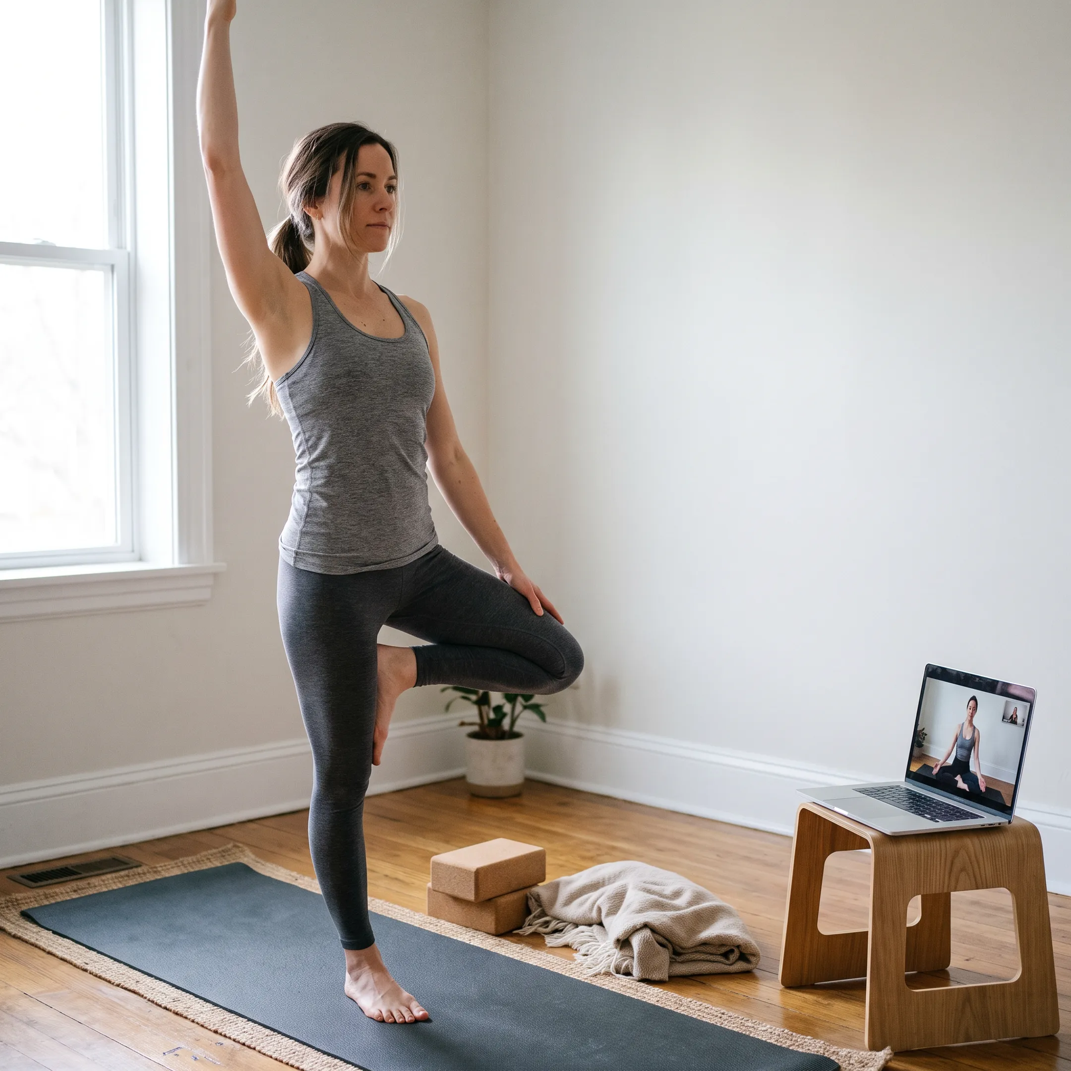 Woman practicing an intermediate yoga balance pose at home