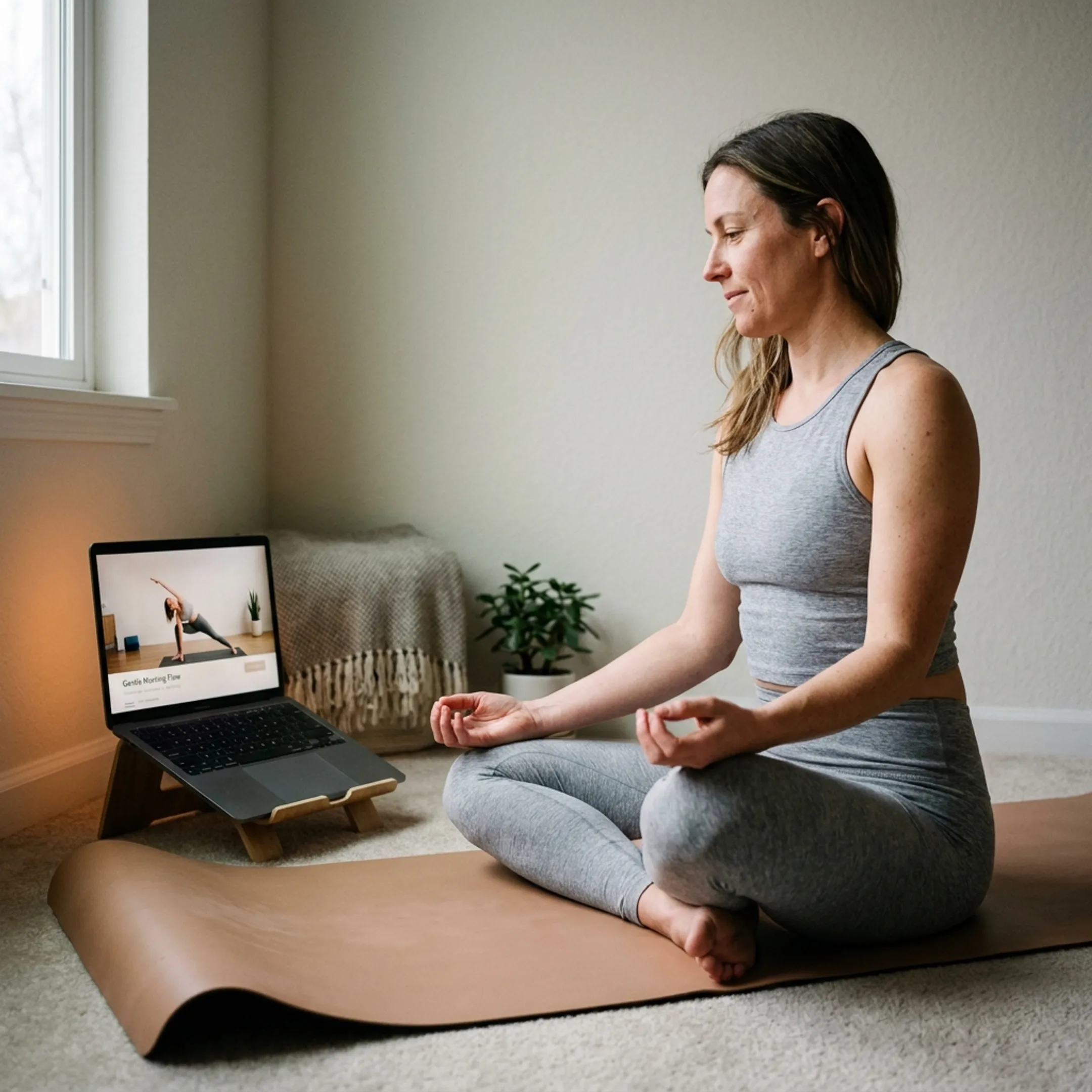 Woman following a streaming yoga class at home