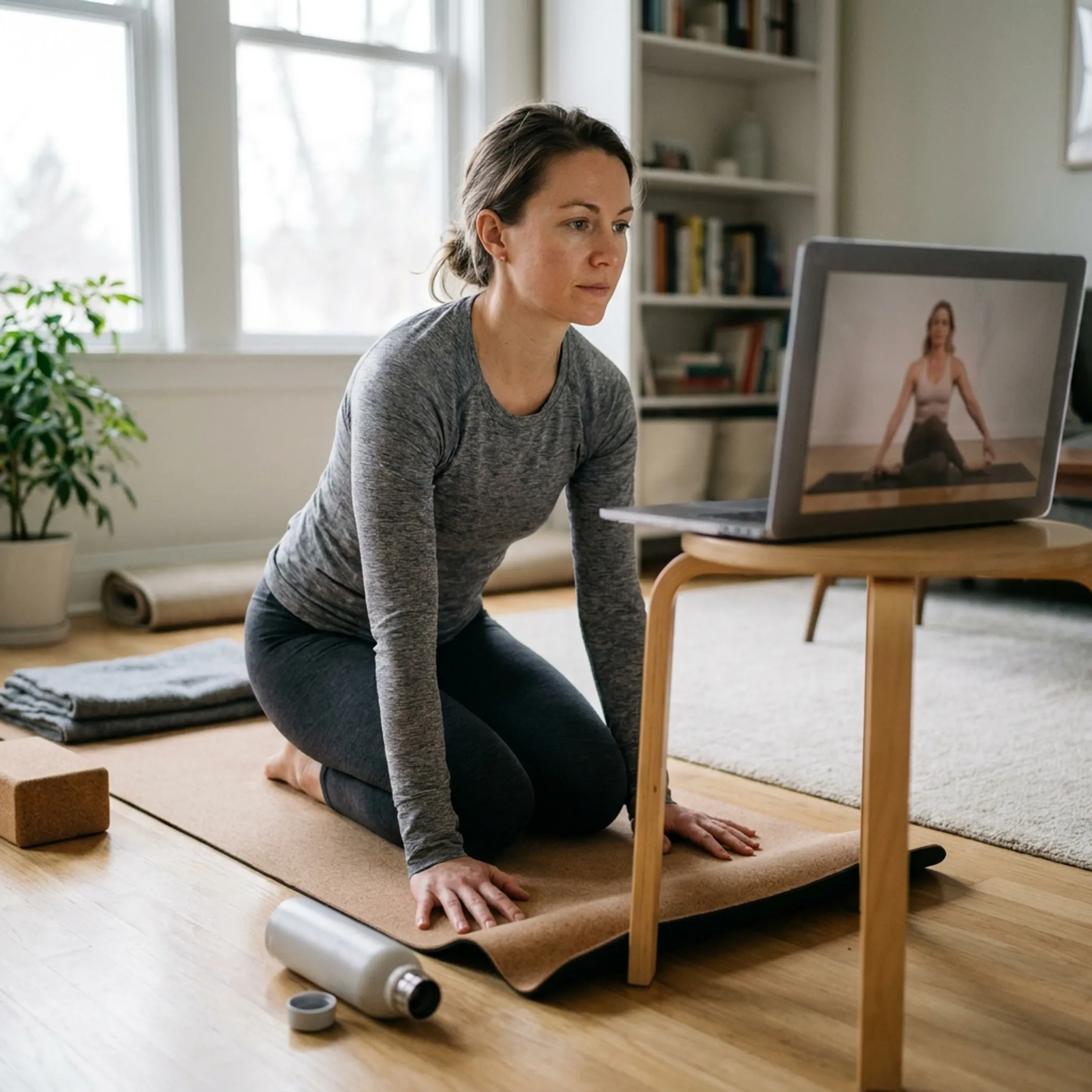 Online yoga instructor leading a home practice