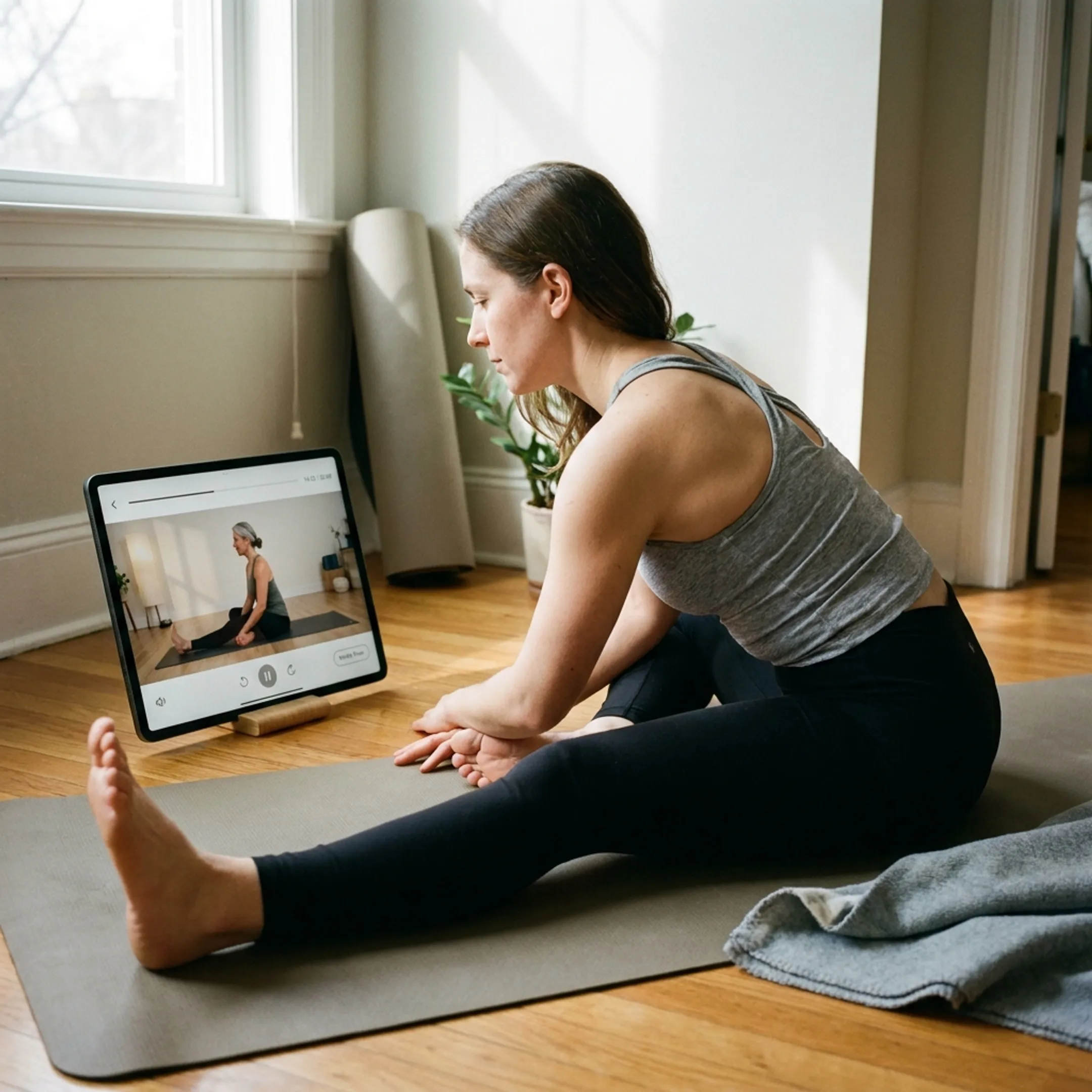 Woman following beginner yoga instruction online