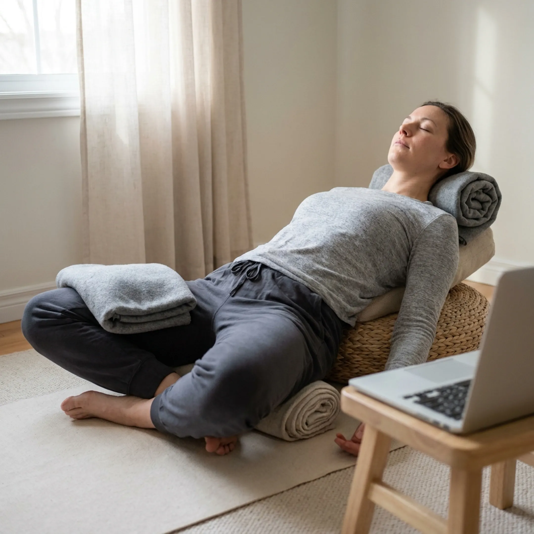 Restorative yoga student relaxing with blankets and a bolster