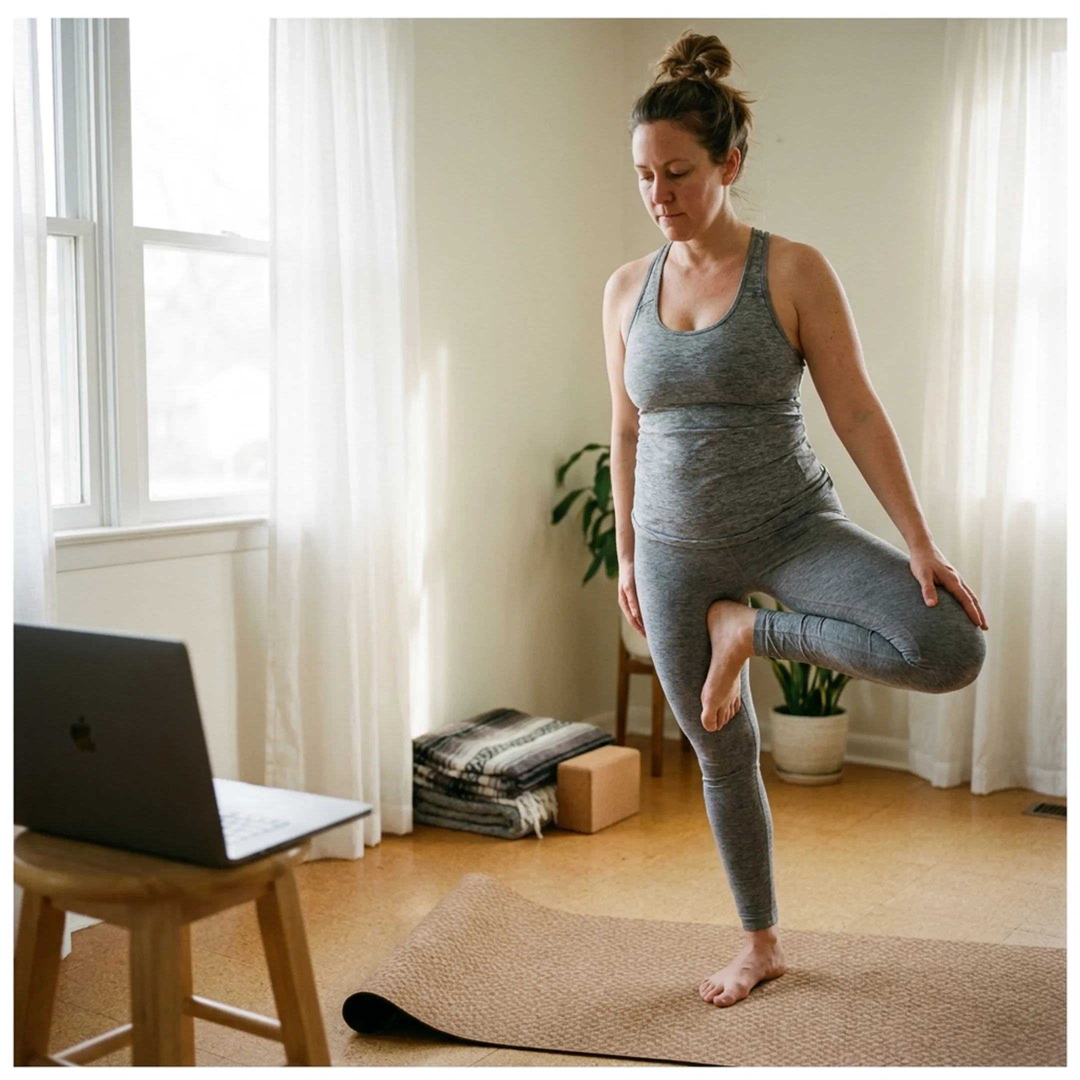 Woman practicing gentle Hatha yoga at home