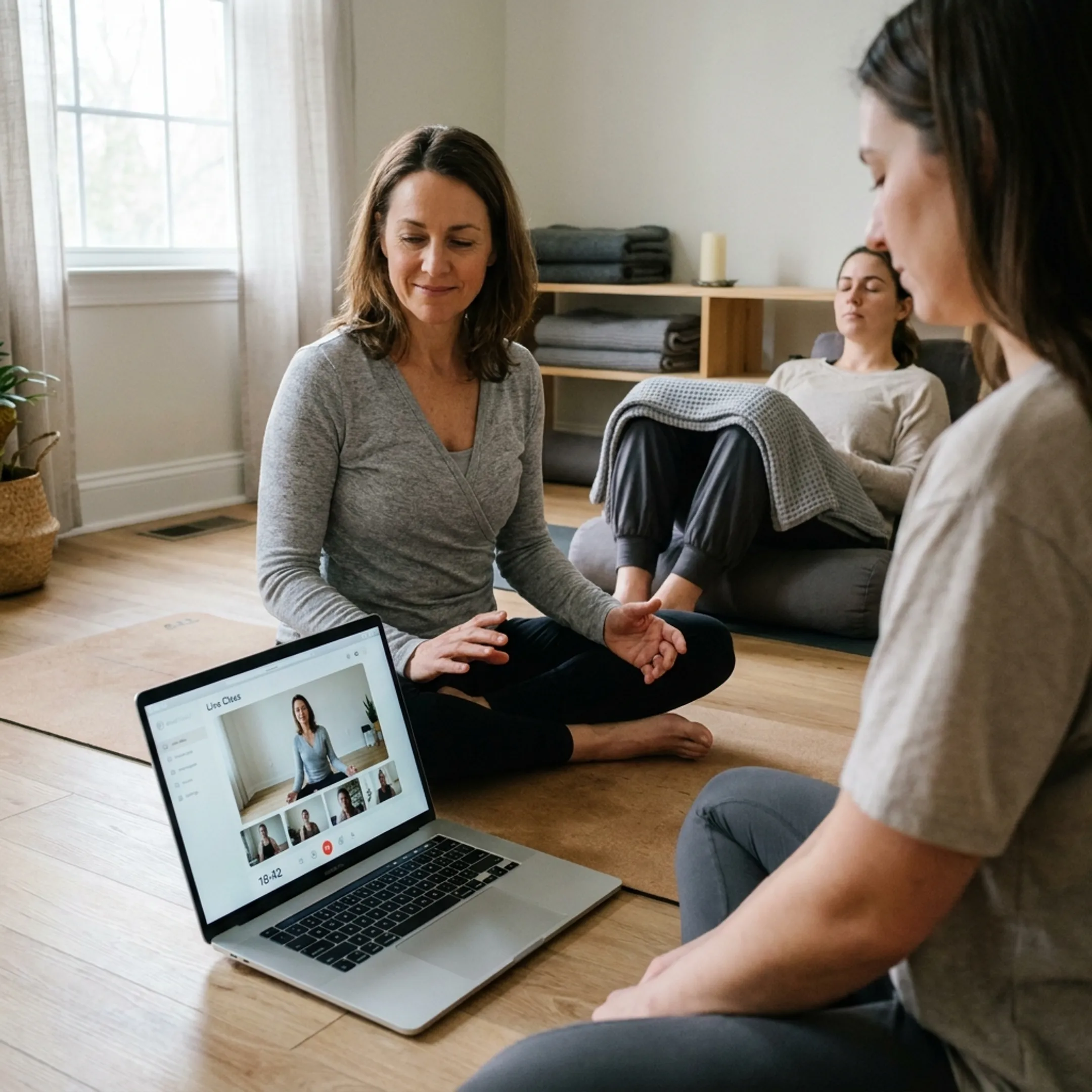 Online restorative yoga class with supported poses
