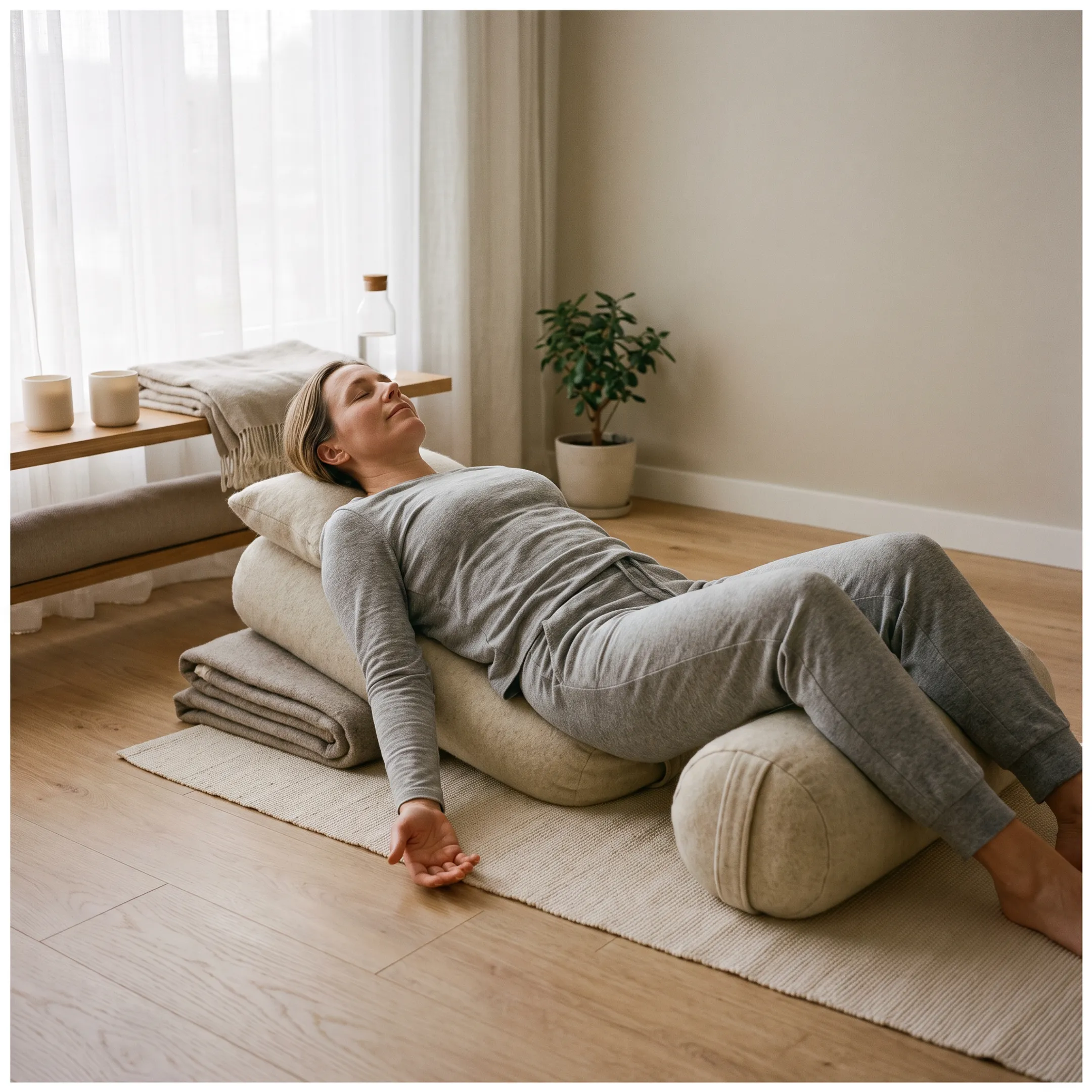 Woman resting in a supported restorative yoga pose
