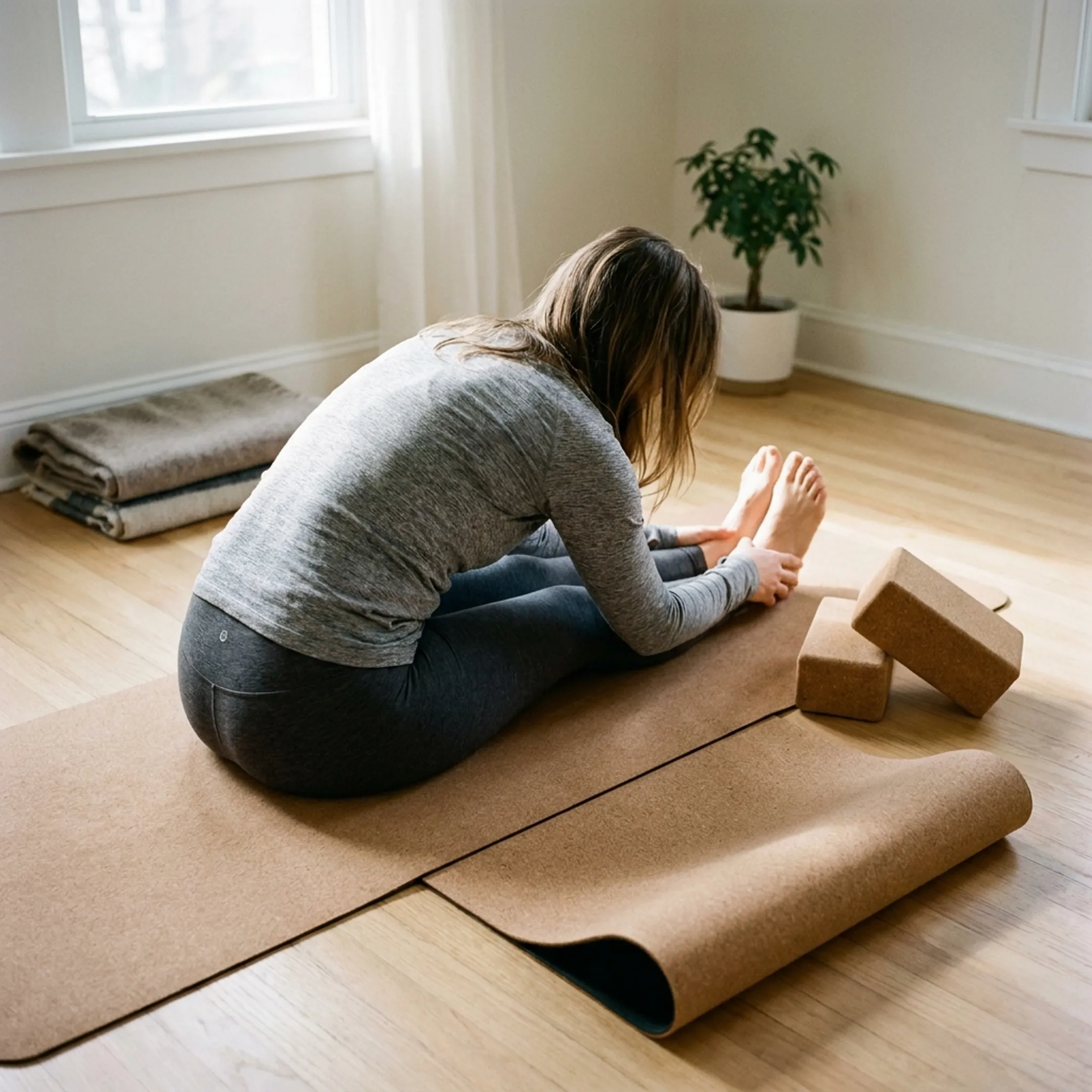 Woman practicing a seated yoga stretch at home