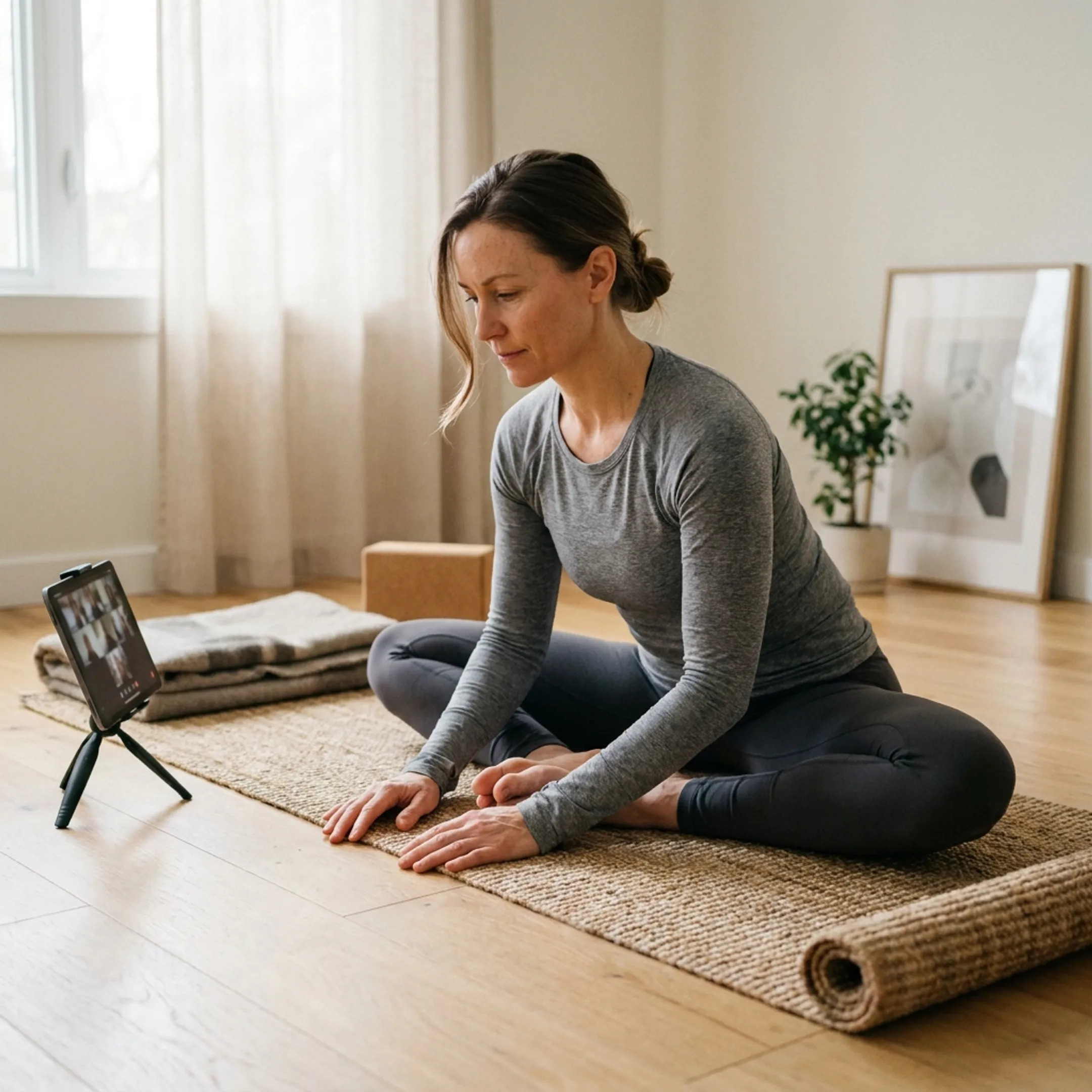 Yoga instructor guiding a gentle hip stretch online