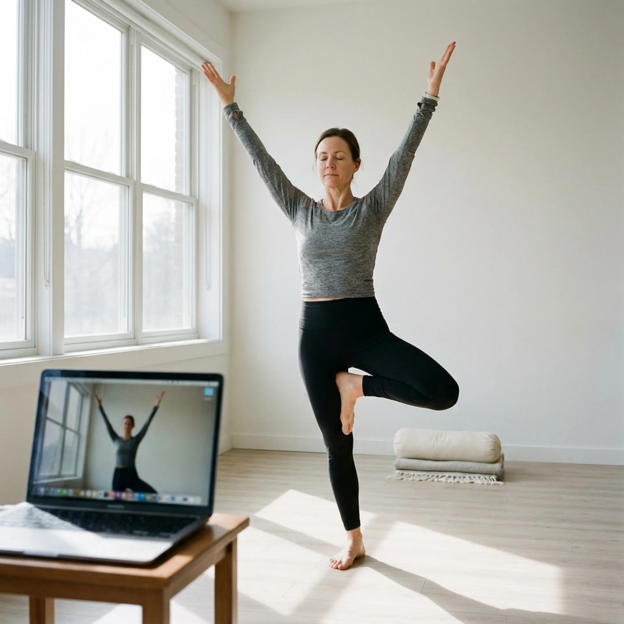 Online yoga instructor leading a home practice