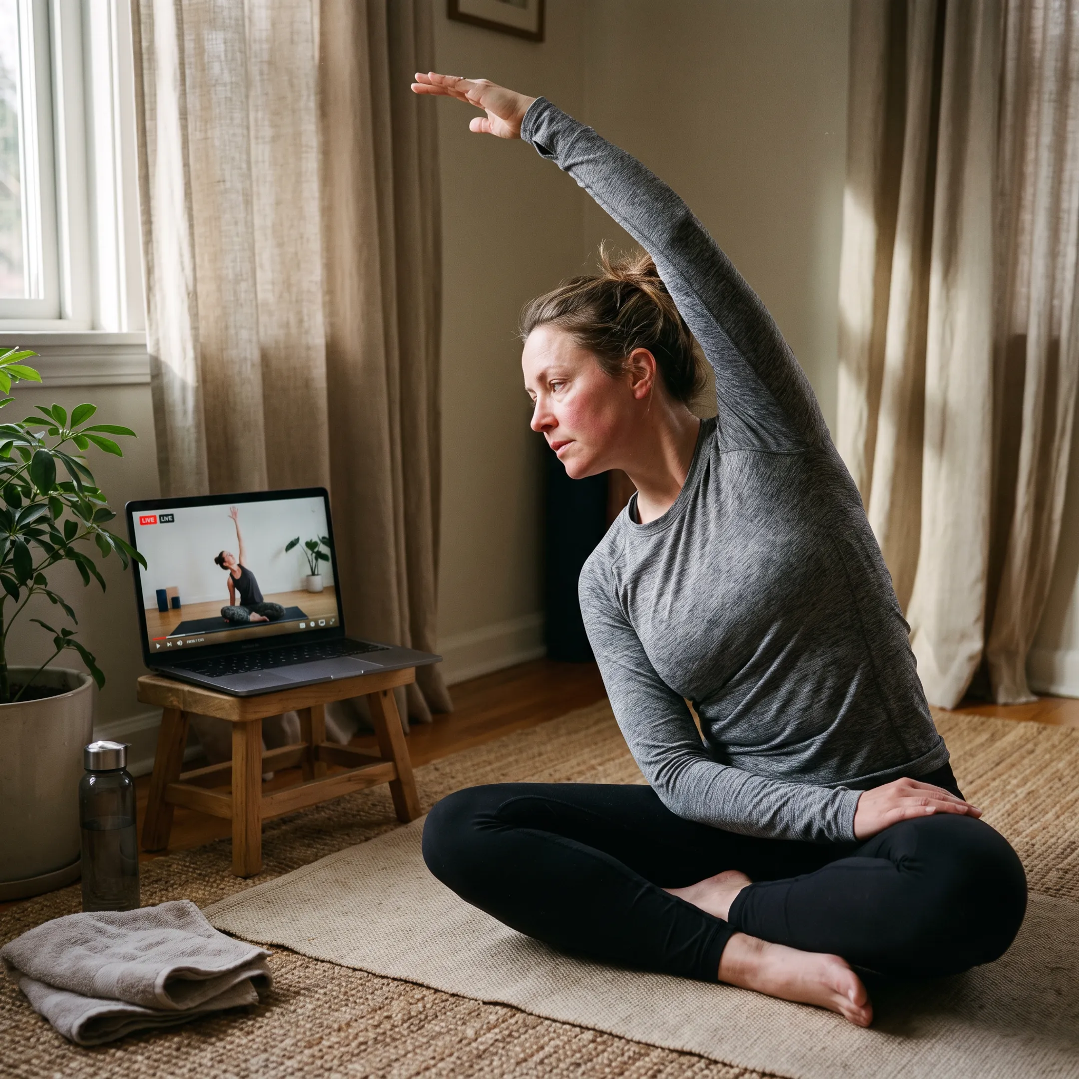 Woman practicing yoga at home