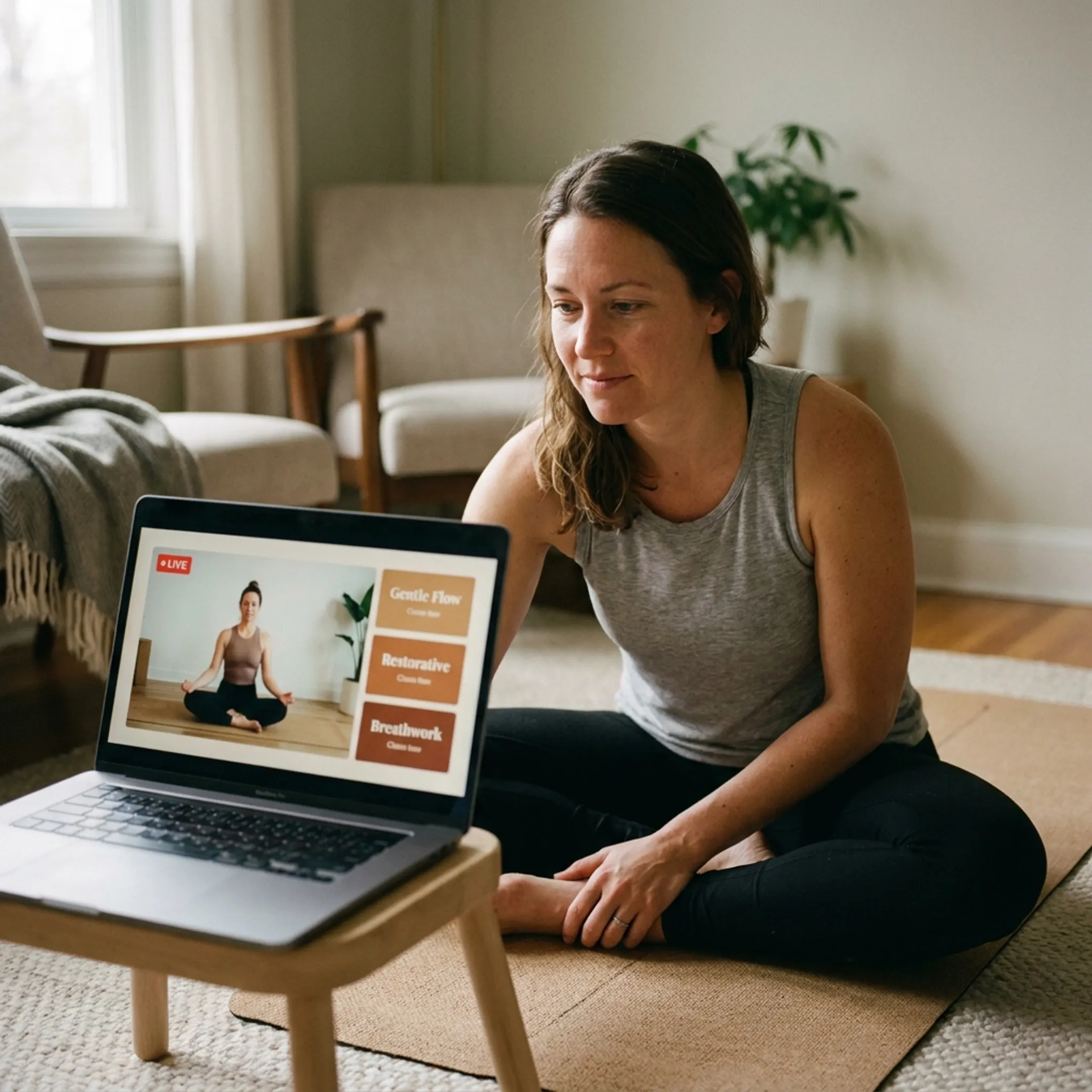 Instructor leading an online Christian yoga session