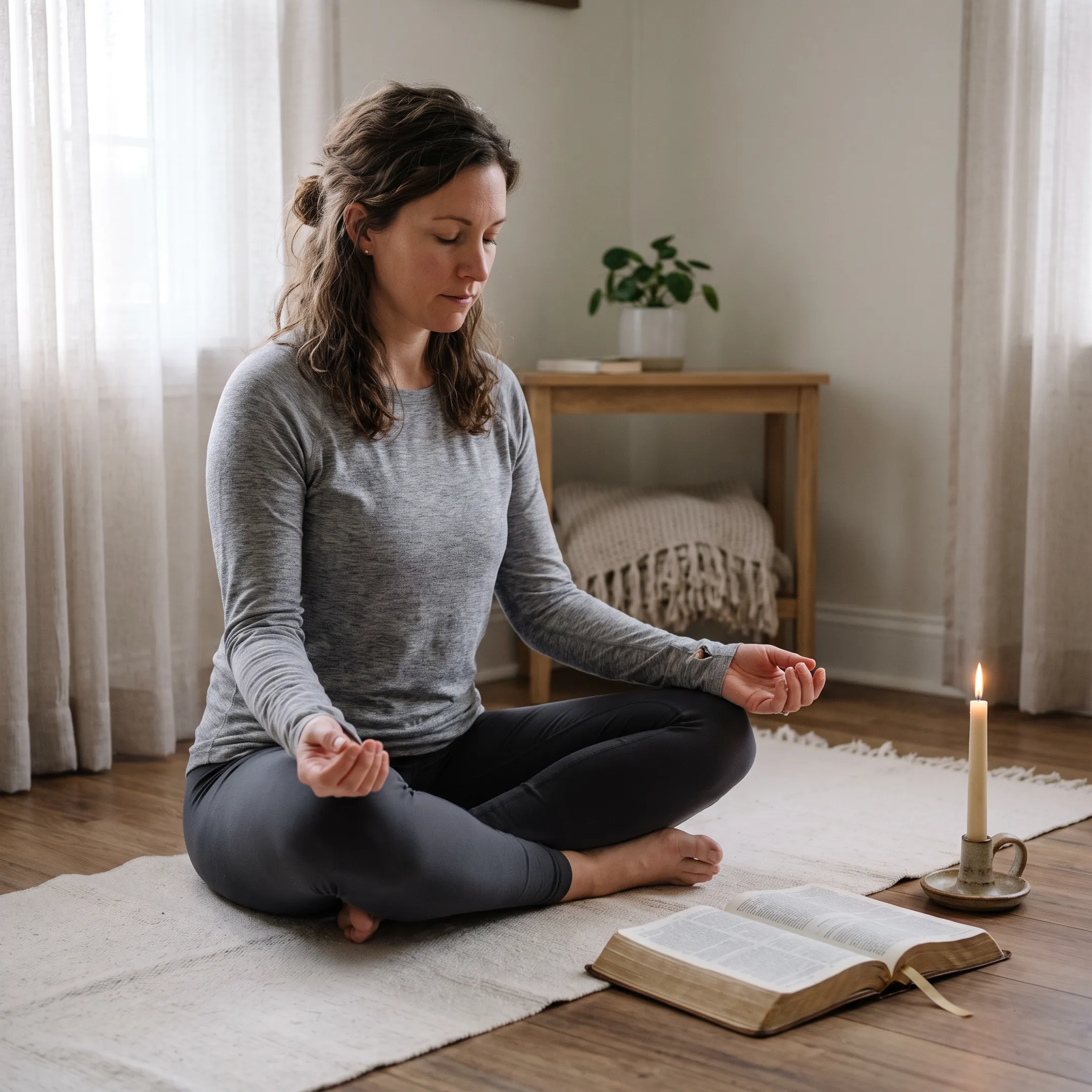 Woman practicing faith-centered yoga at home