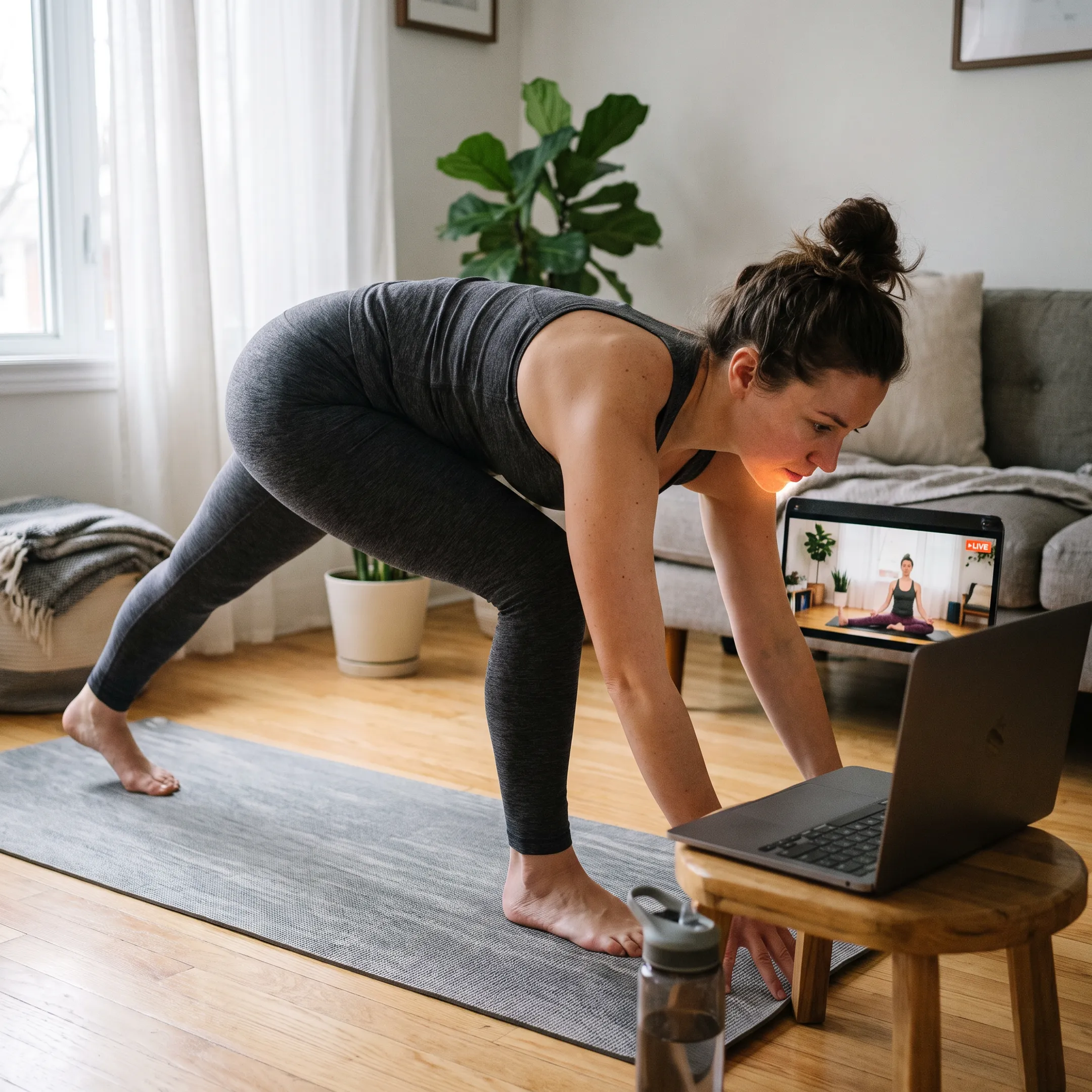Beginner practicing Vinyasa yoga at home
