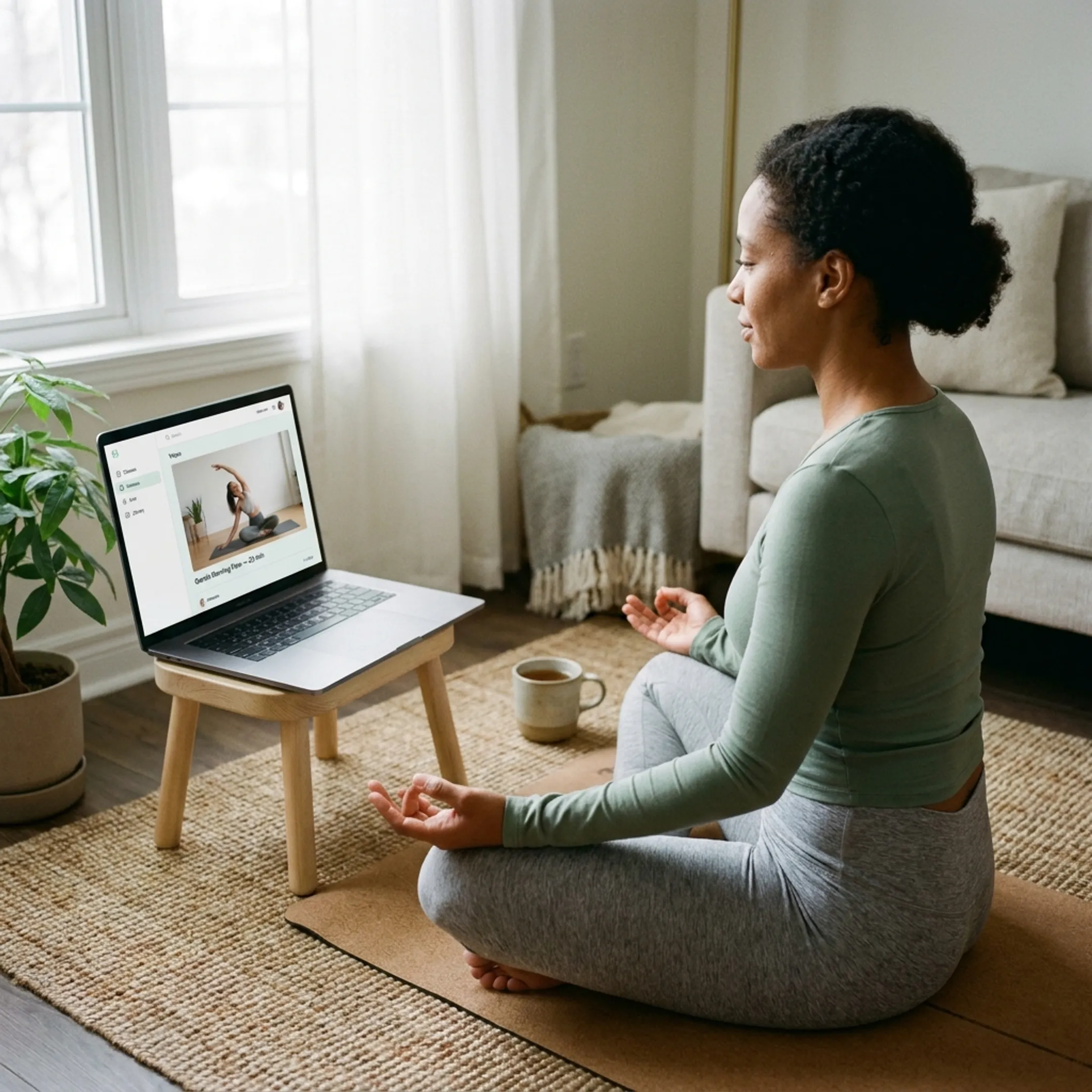 Woman practicing yoga at home with a laptop