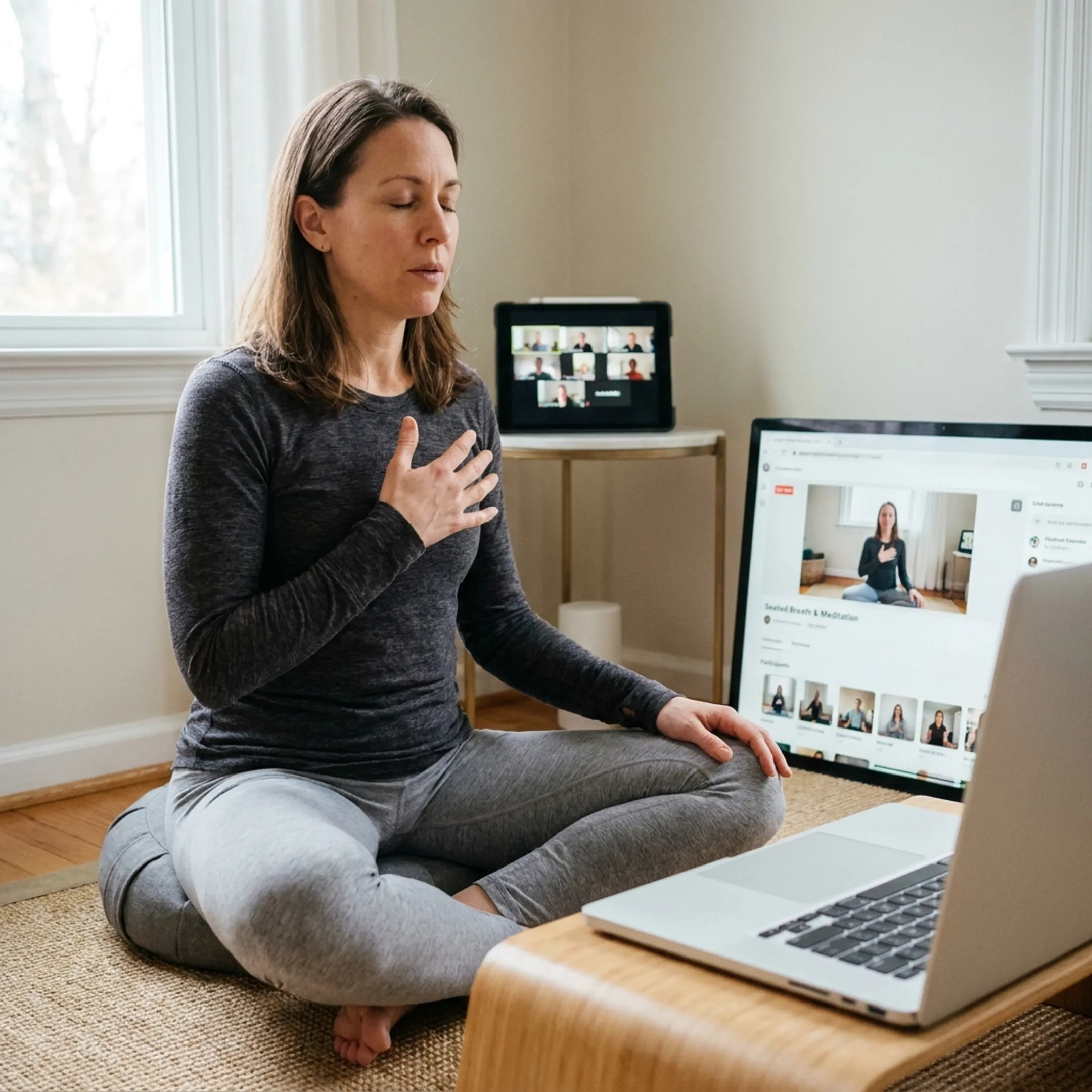 Instructor leading an online breathing meditation session