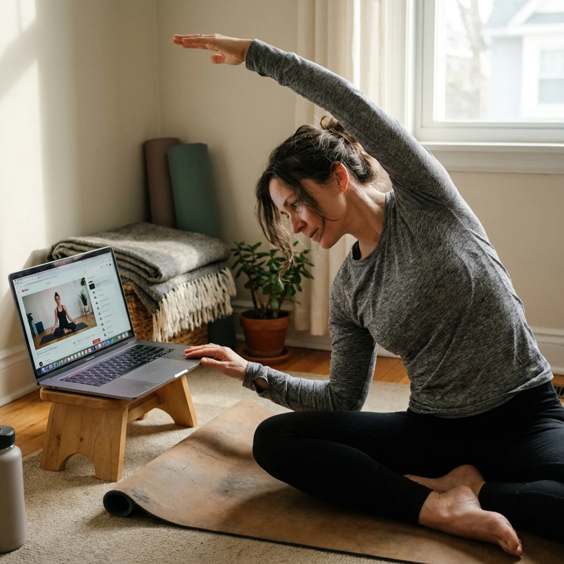 Woman practicing yoga at home