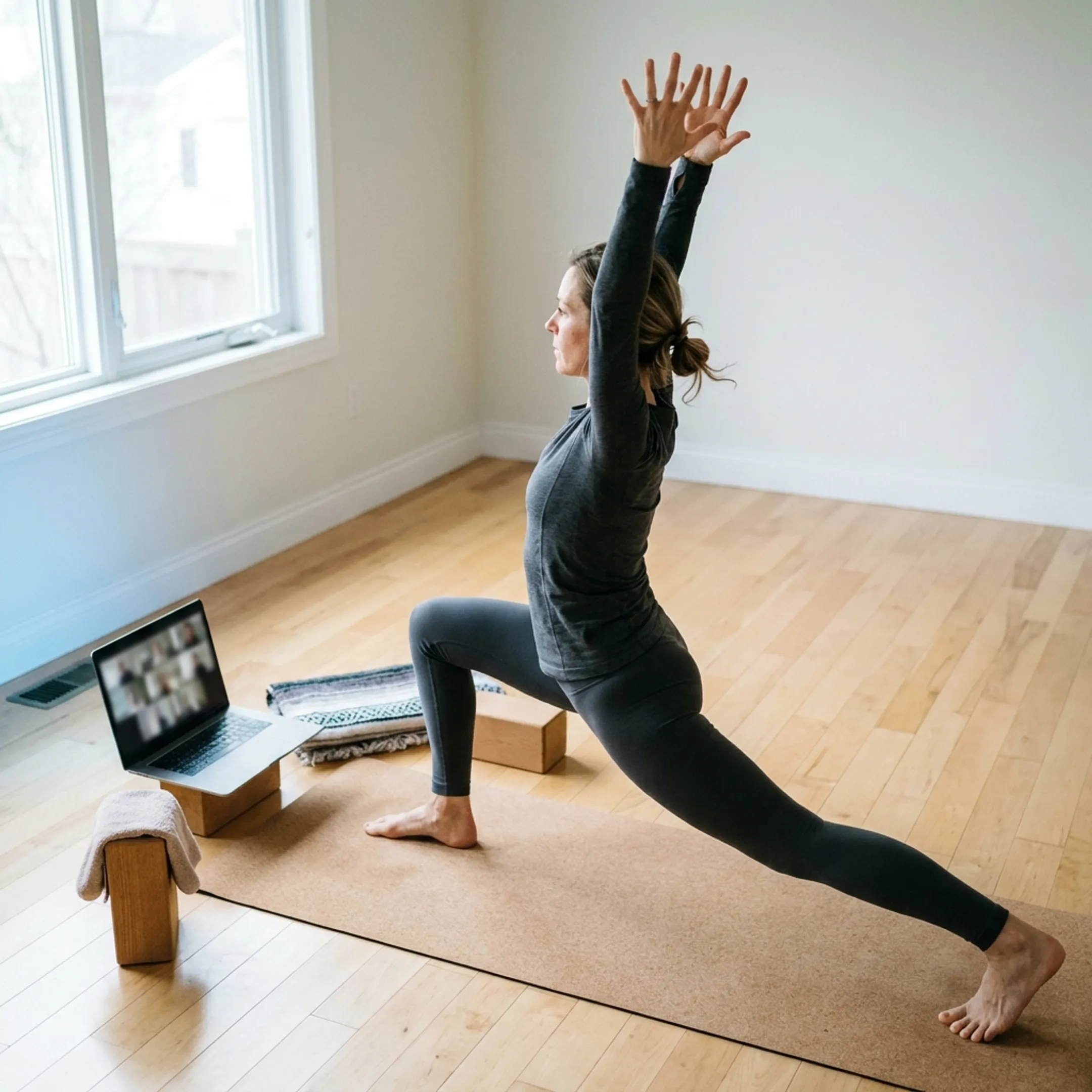 Instructor leading an online power yoga flow