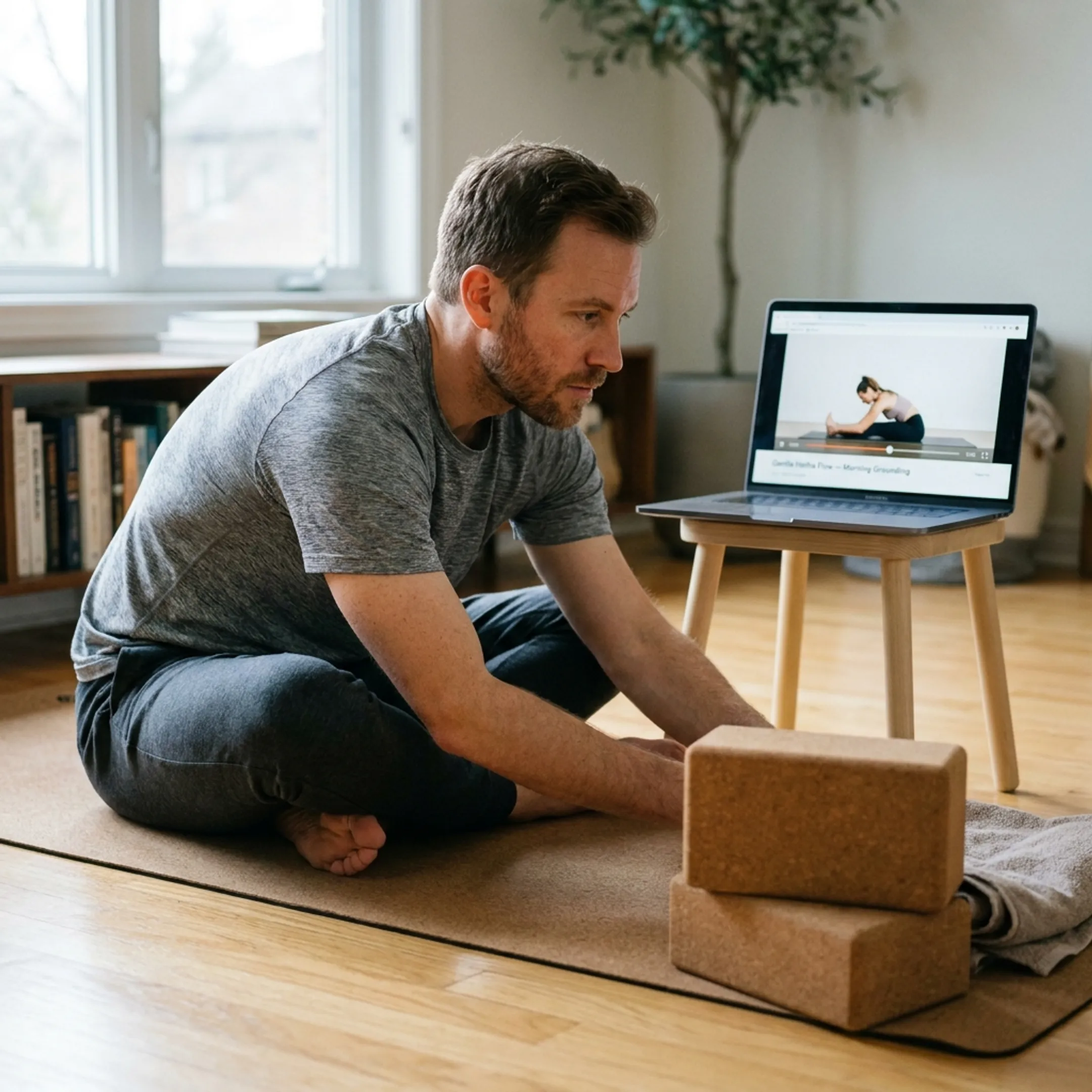 Man following an online yoga class