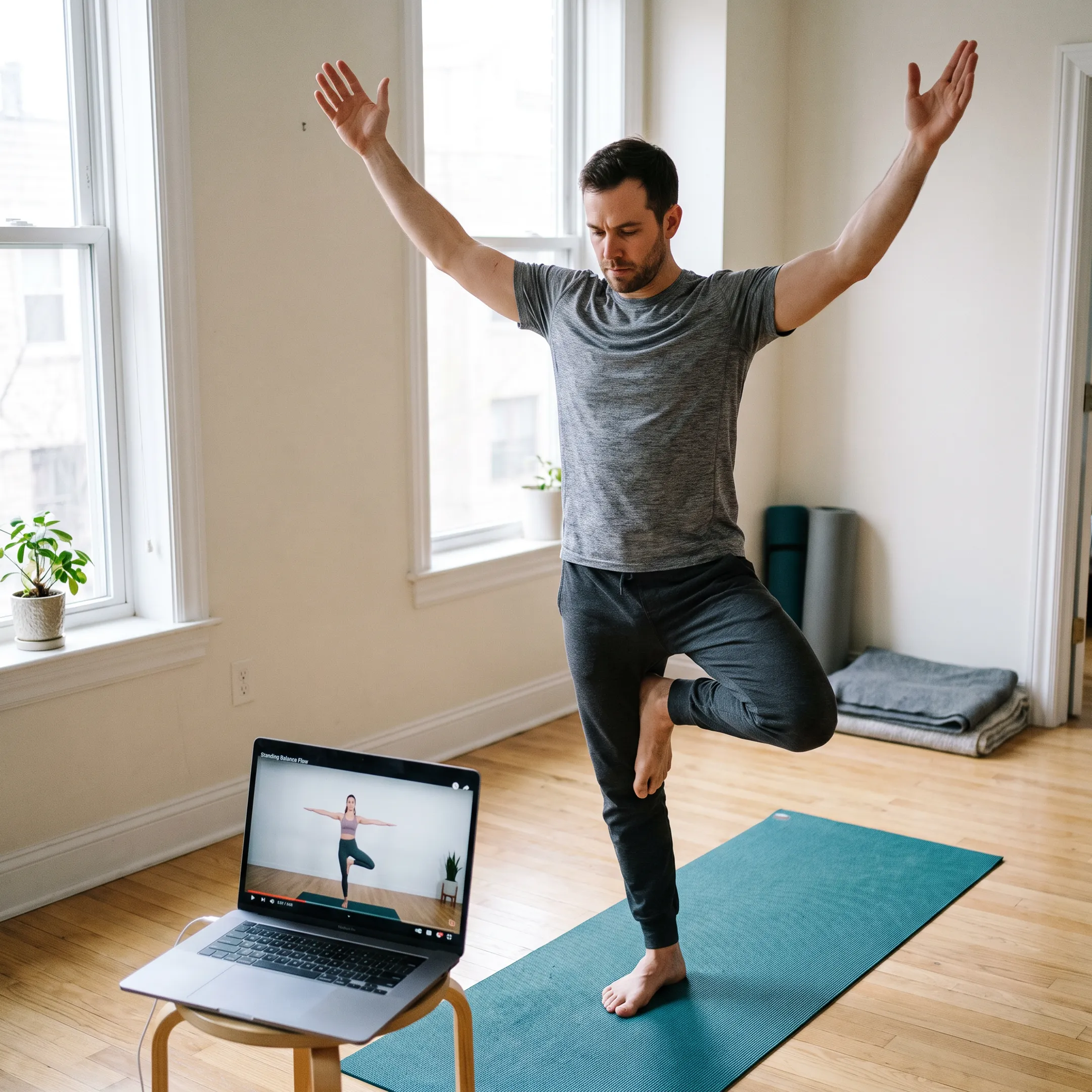 Man practicing yoga at home