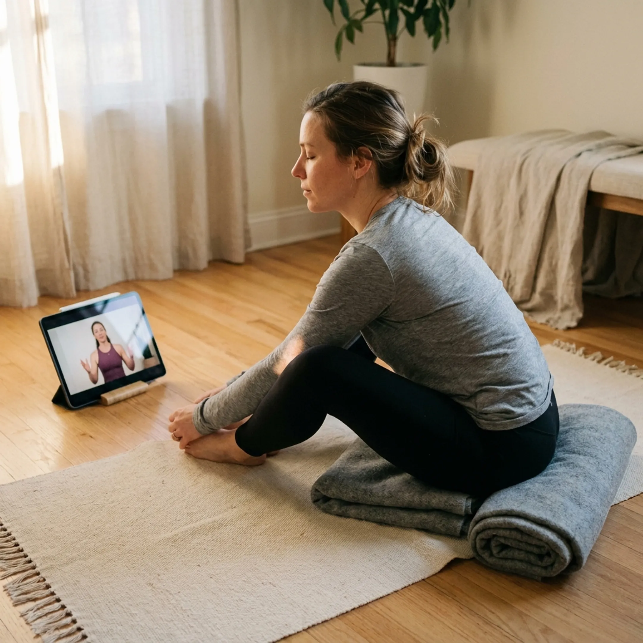 Online yoga instructor guiding a calming practice