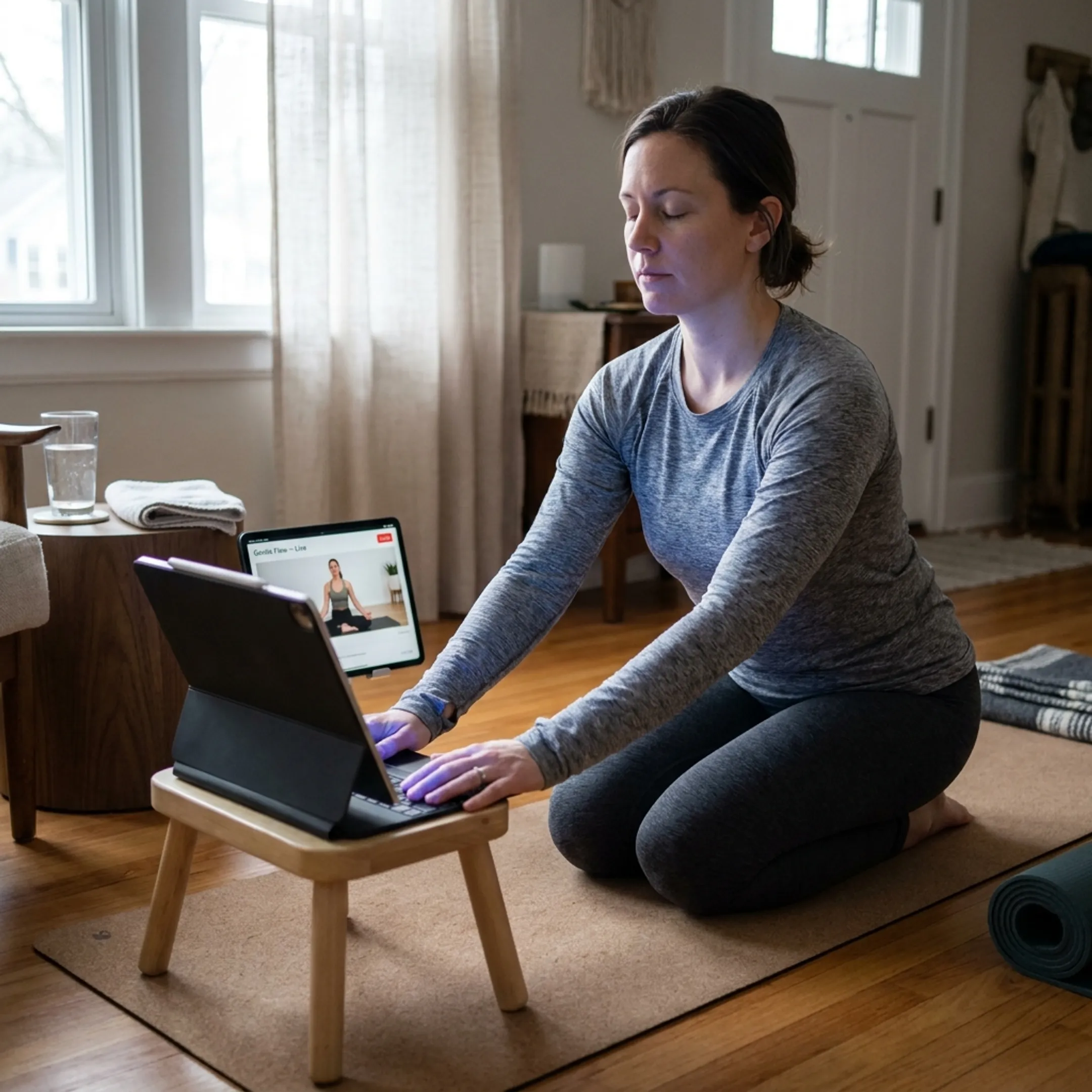 Online yoga instructor leading a gentle home practice