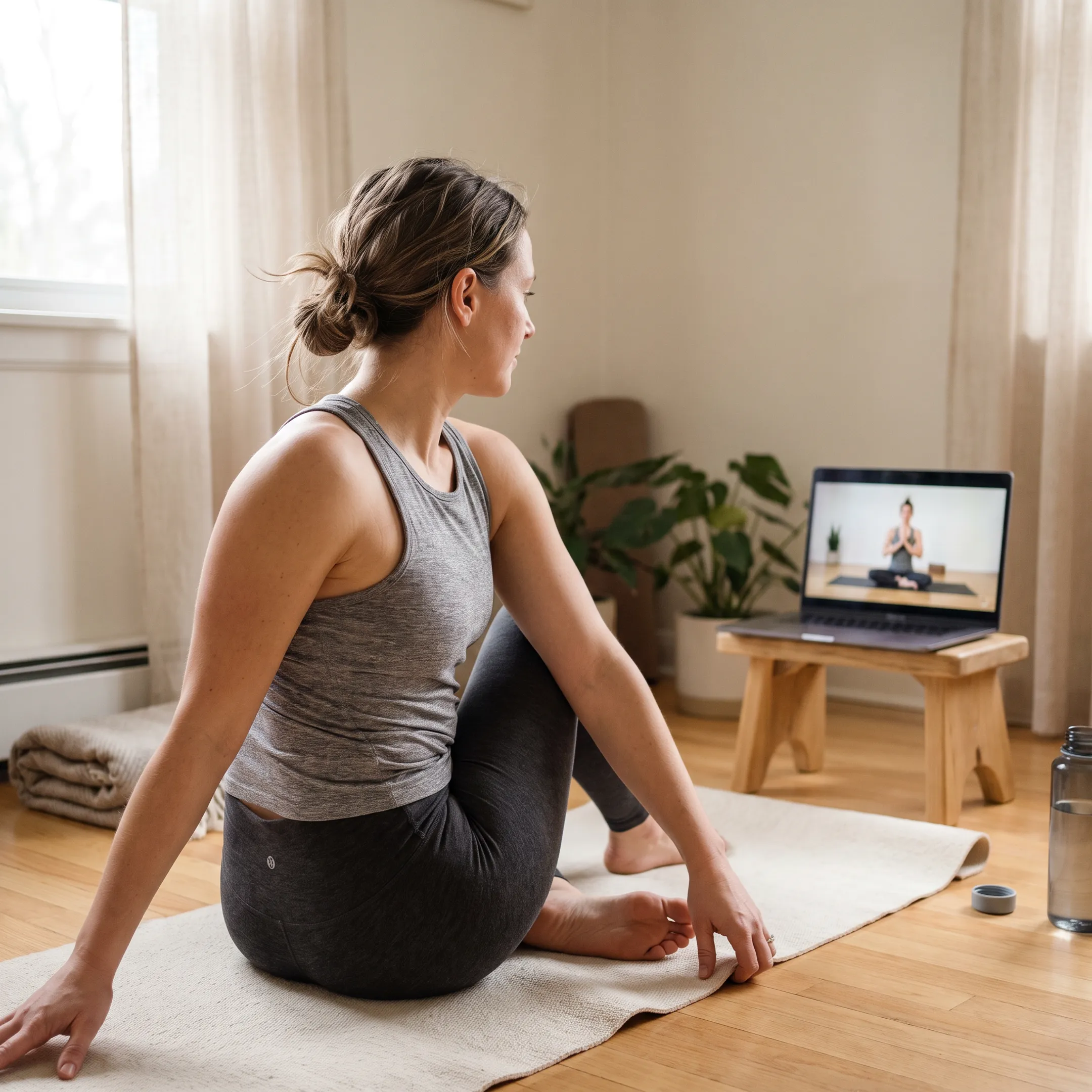 Woman practicing yoga at home with a laptop