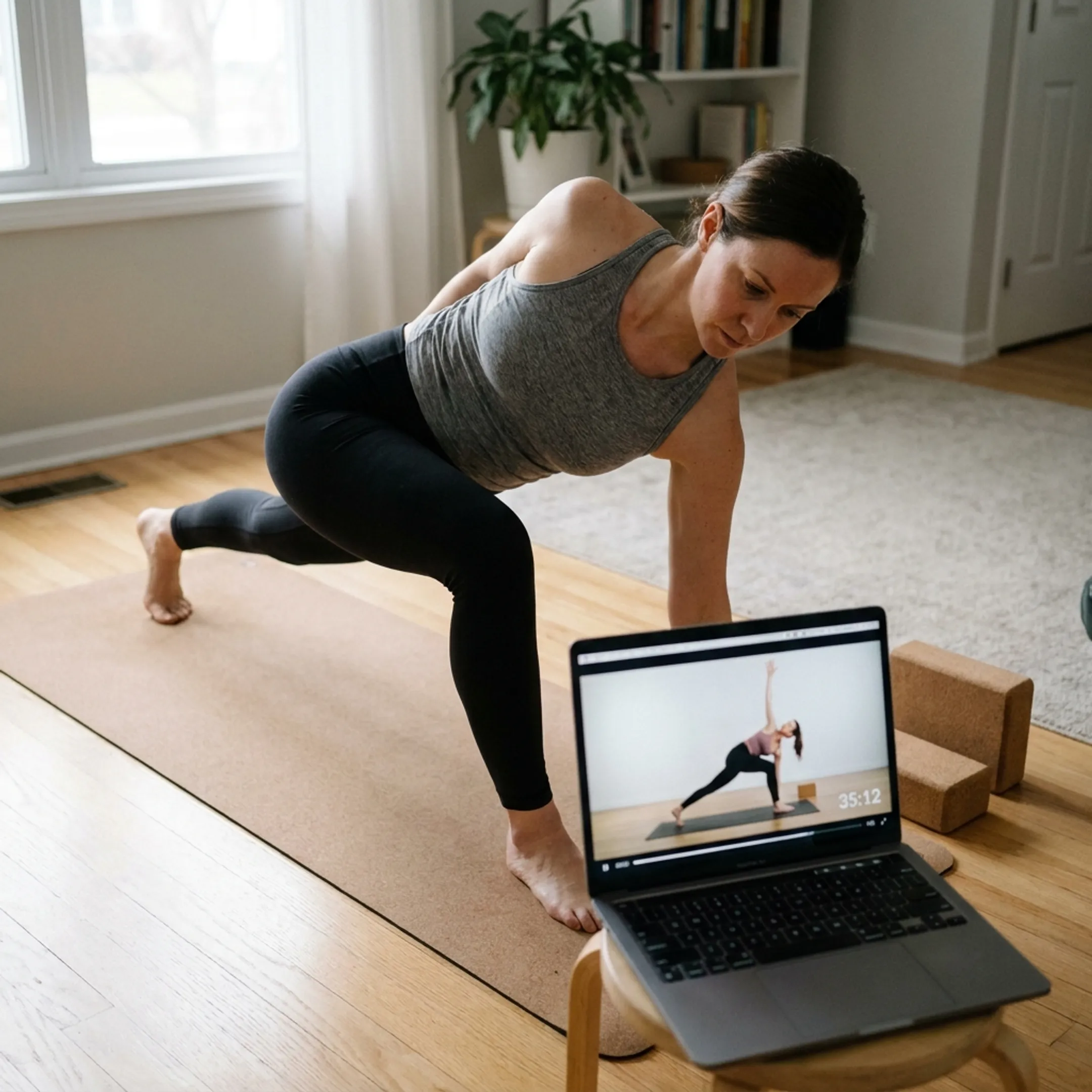 Online vinyasa yoga class in a home setting
