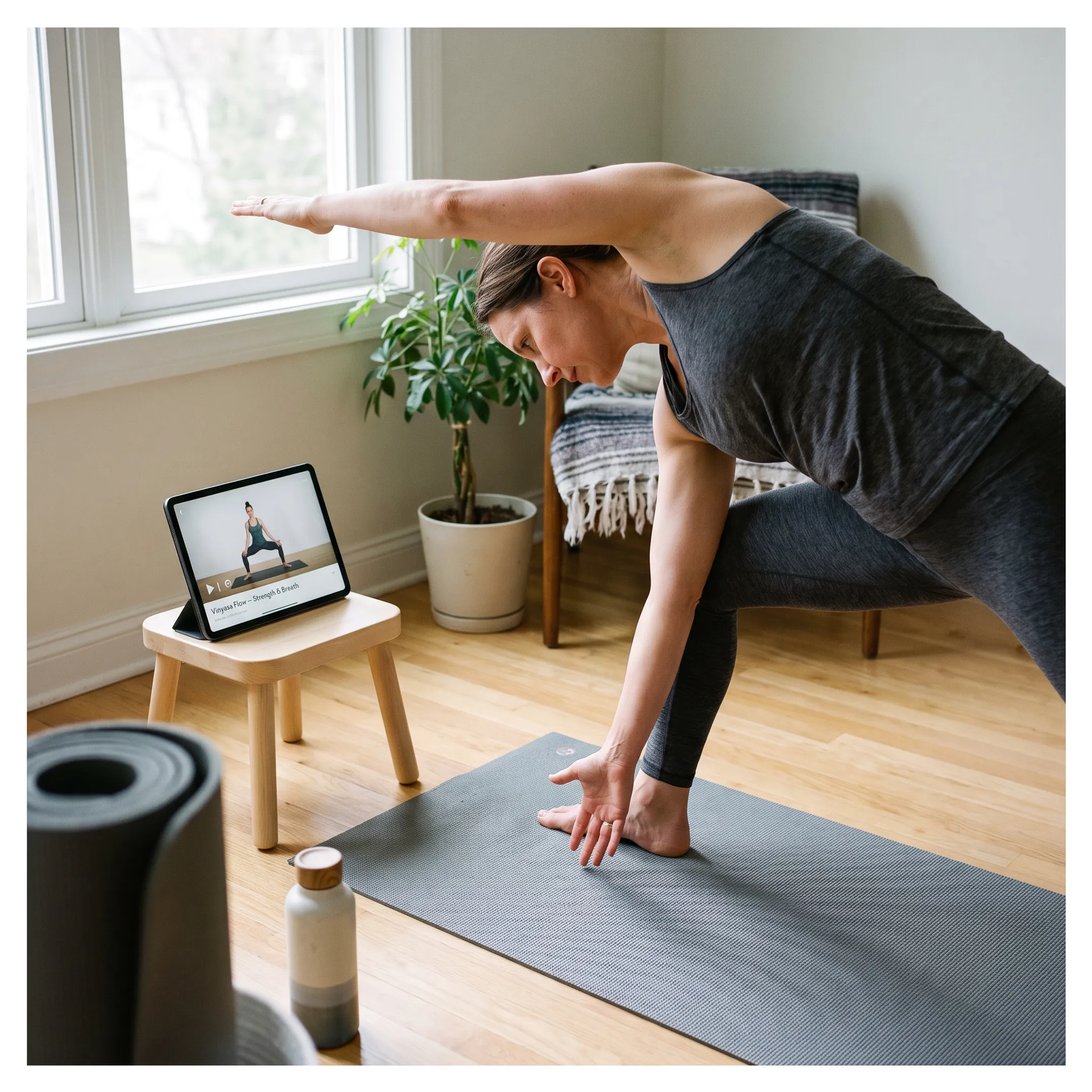 Yoga practitioner flowing through a vinyasa pose