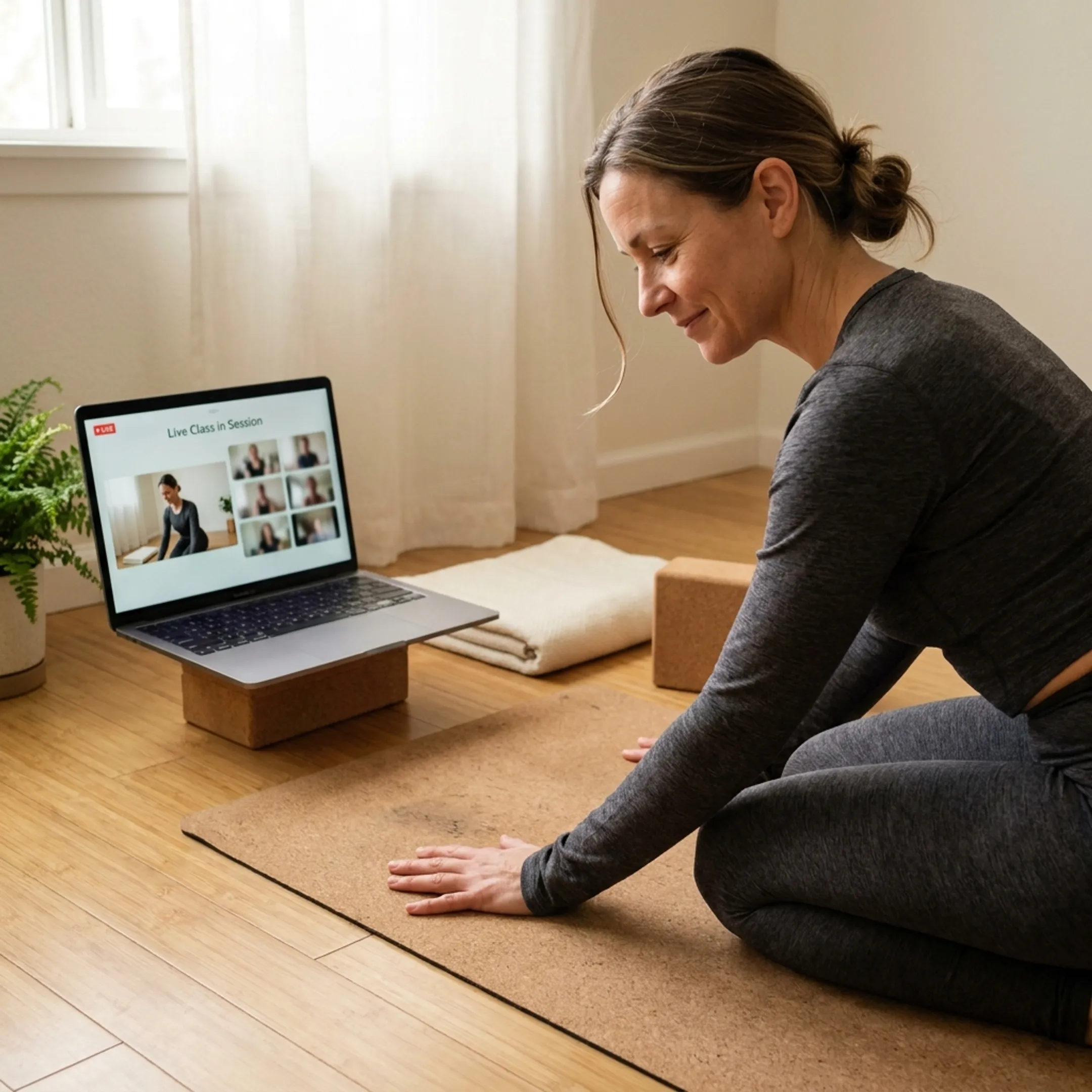 Instructor guiding an online gentle yoga class