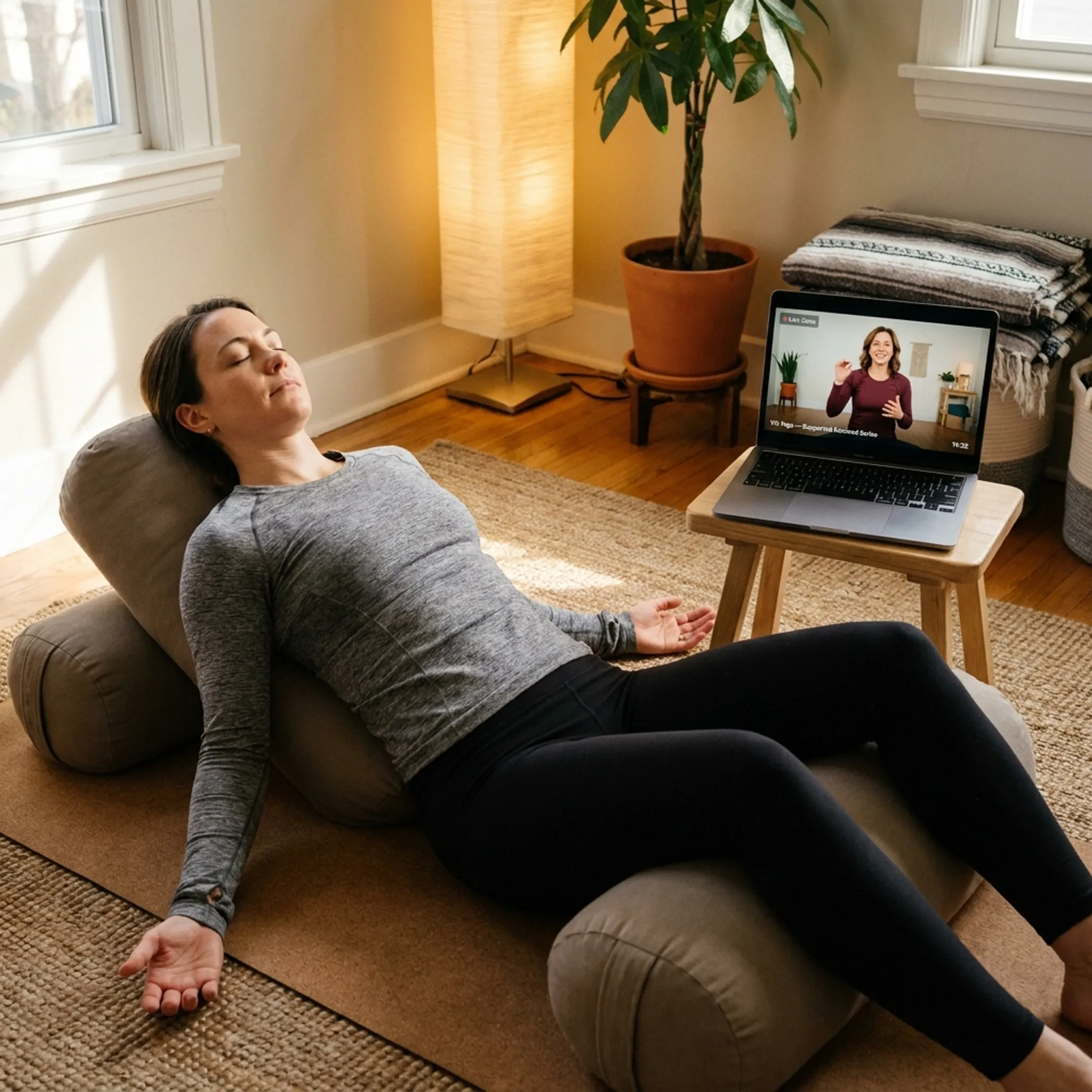 Yoga instructor guiding a supported Yin Yoga pose online