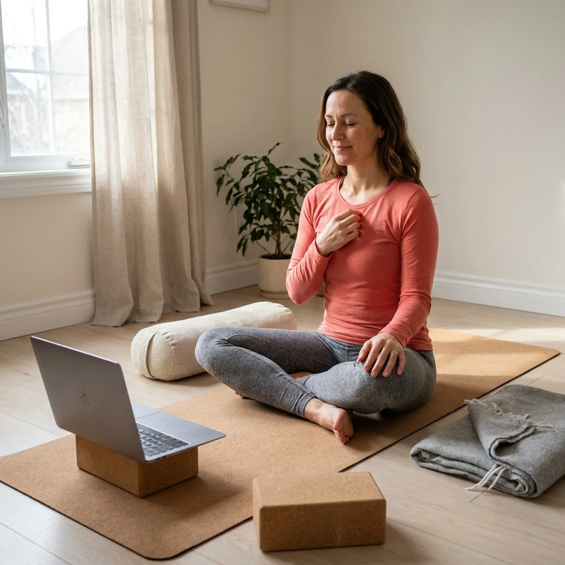 Online yoga instructor leading a gentle class