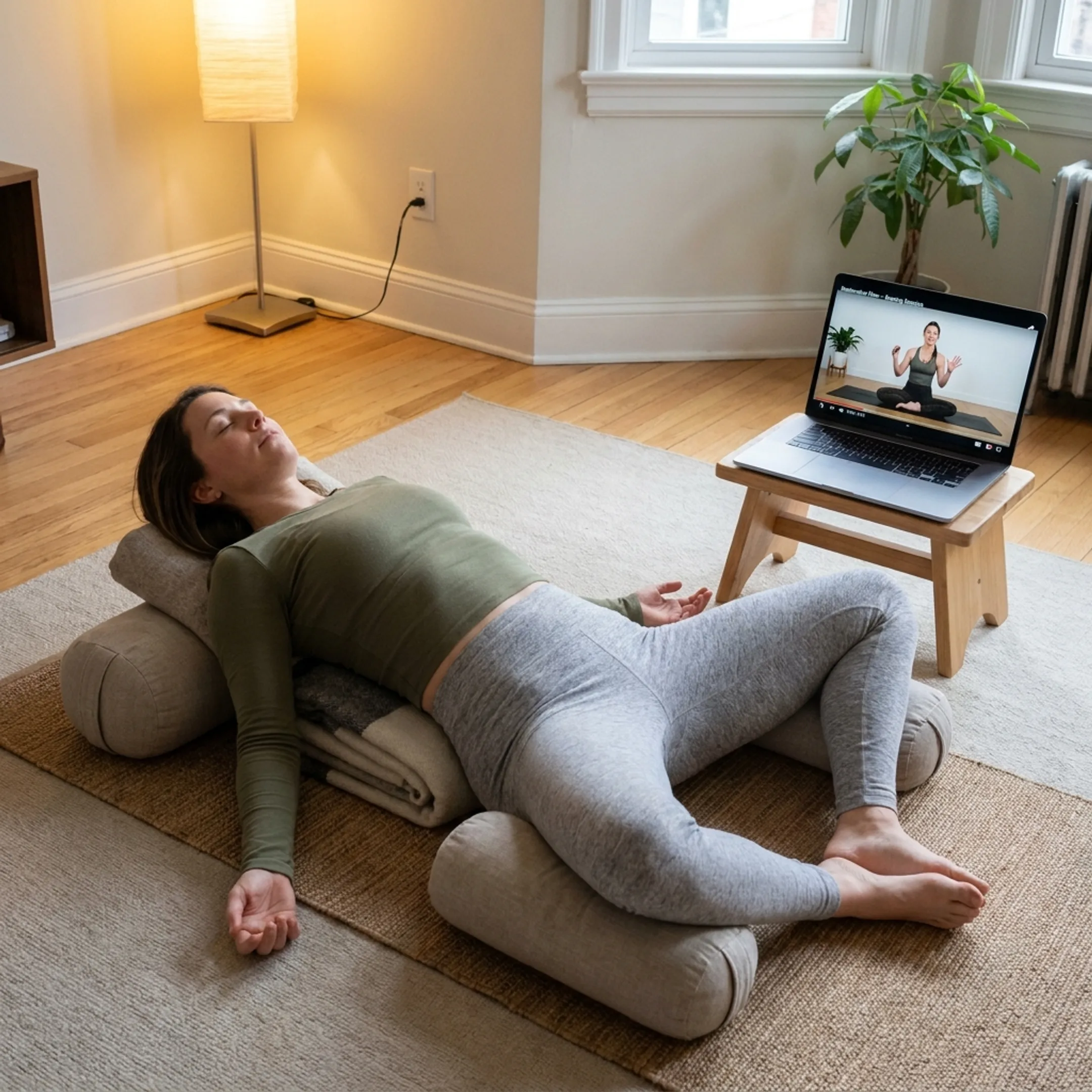 Online yoga instructor guiding a restorative pose