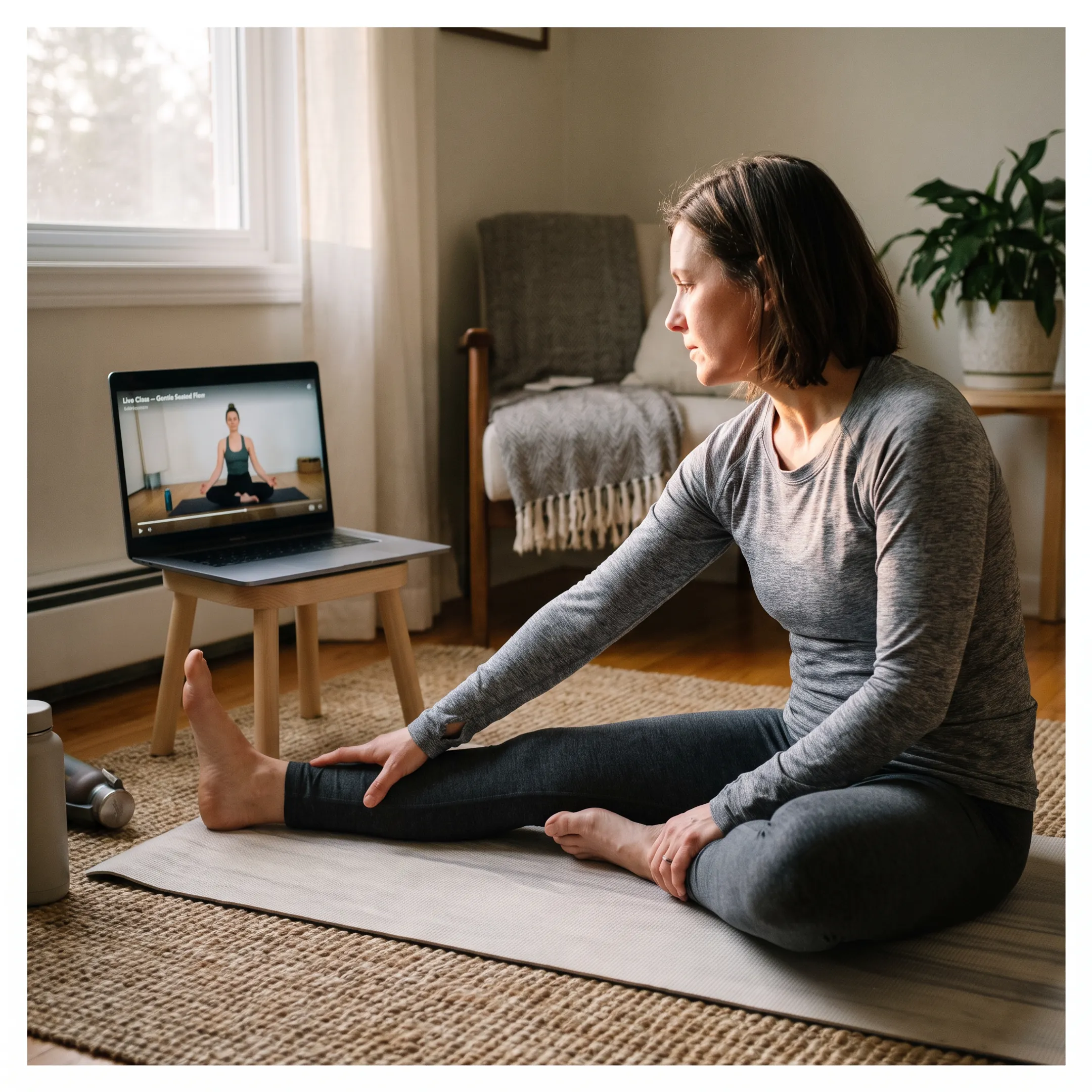Woman practicing yoga at home with a laptop